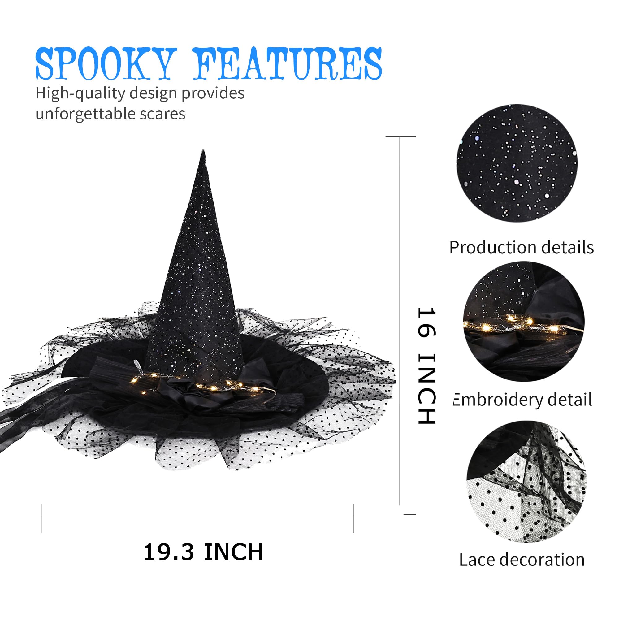 LED Light Witch Hat for Women - Black Halloween Costume Steeple Top Hat with Lamp for Party, Cosplay & Witch Theme Events