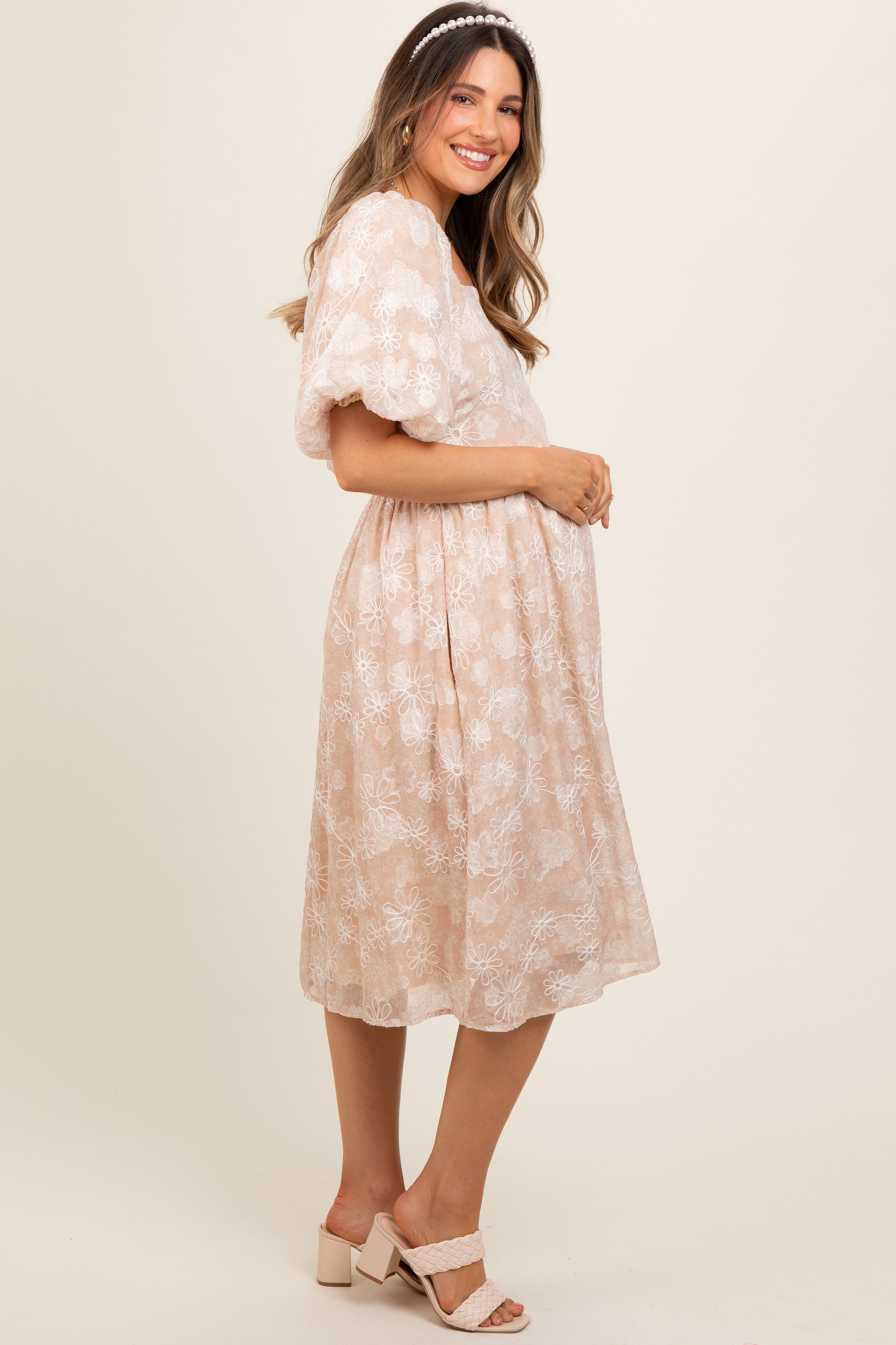 Beige Floral Embroidered Short Puff Sleeve Maternity Dress for Pregnancy Photos, Baby Showers & Summer Outfits - Comfortable Stretchy Nursing Dress for Expecting Mothers