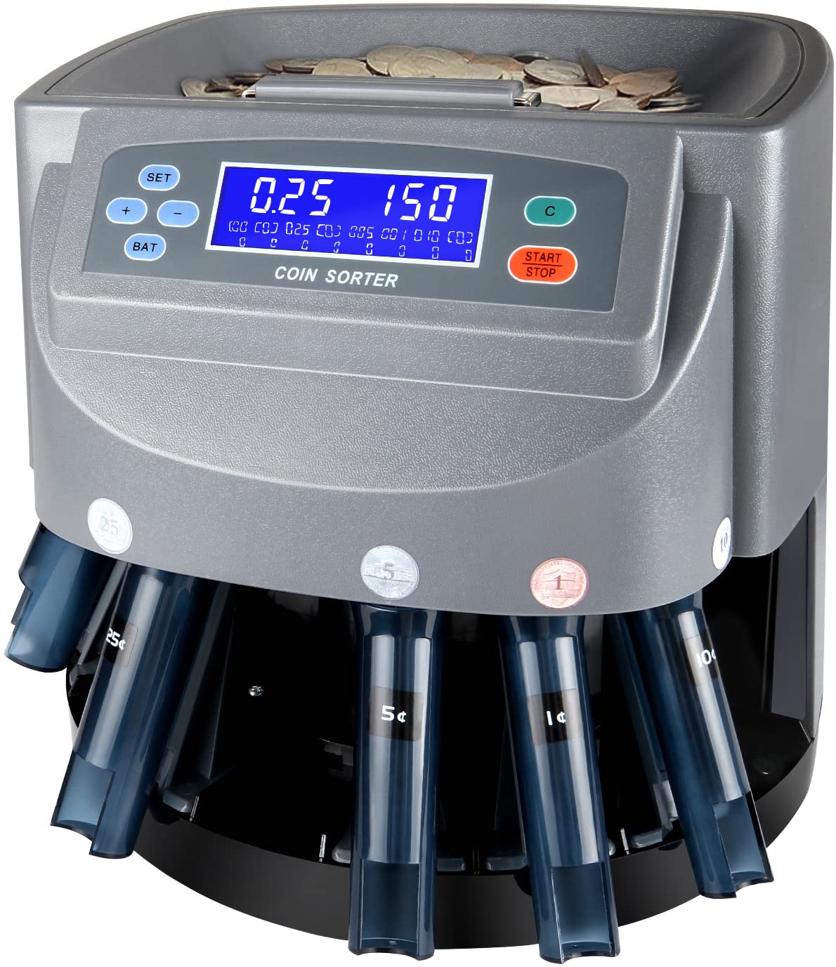 8T8 Professional Automatic Coin Sorter and Wrapper Machine - LCD Display, 5 Coin Bins & Tubes - Fast Money Counting for Banks, Retail Stores, and Small Businesses (USD Coin Counter)