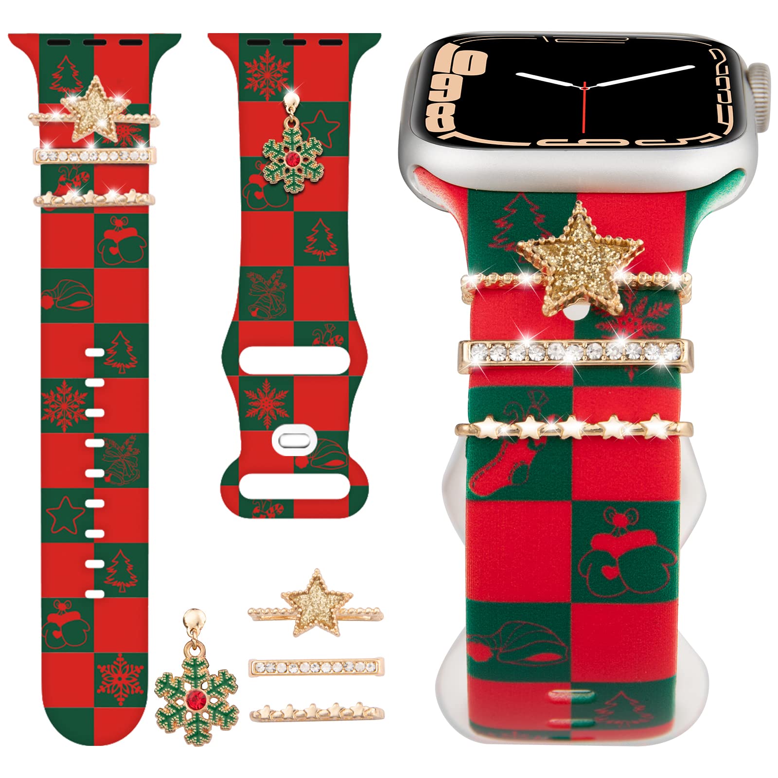 Festive Christmas Watch Bands with Decorative Charms & Ring Loops for Apple Watch 38mm-49mm (All Series) - Holiday Replacement Straps for Women - Perfect for Gifts, Parties & Seasonal Style