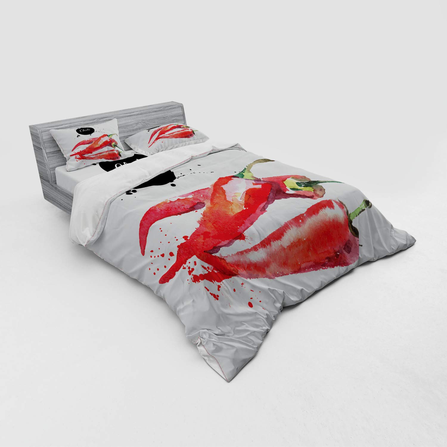 Ambesonne 4-Piece Queen Size Duvet Cover Set with Shams & Fitted Sheet - Hand-Painted Watercolor Chili Pepper Design in Fern Green, Vermilion & Black | Spicy Kitchen-Themed Bedding for Food Lovers & Culinary Enthusiasts