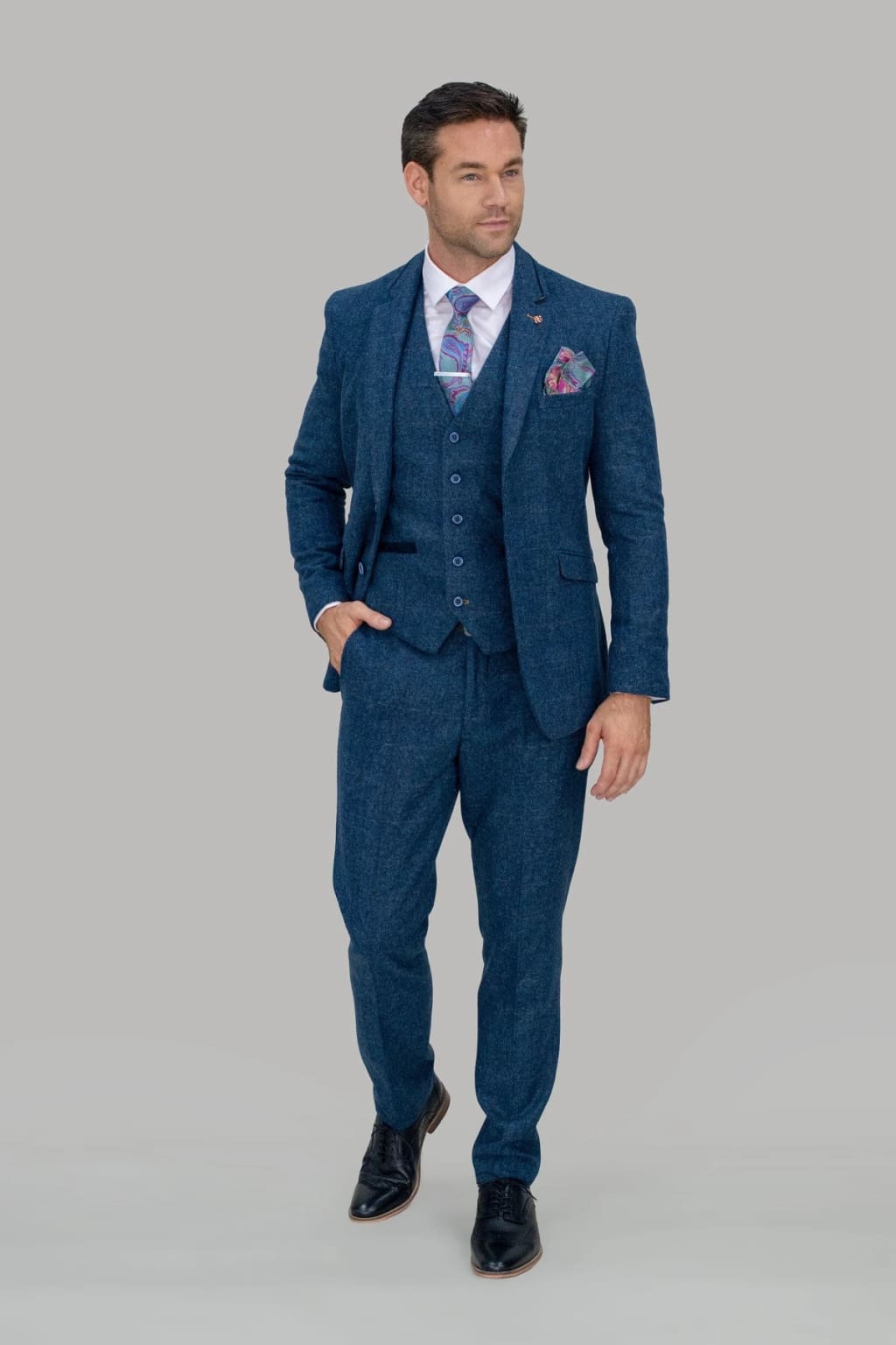 Cavani Carnegi 3-Piece Blue Check Tweed Suit for Men | Classic Business & Wedding Attire | Formal Office & Special Occasion Outfit
