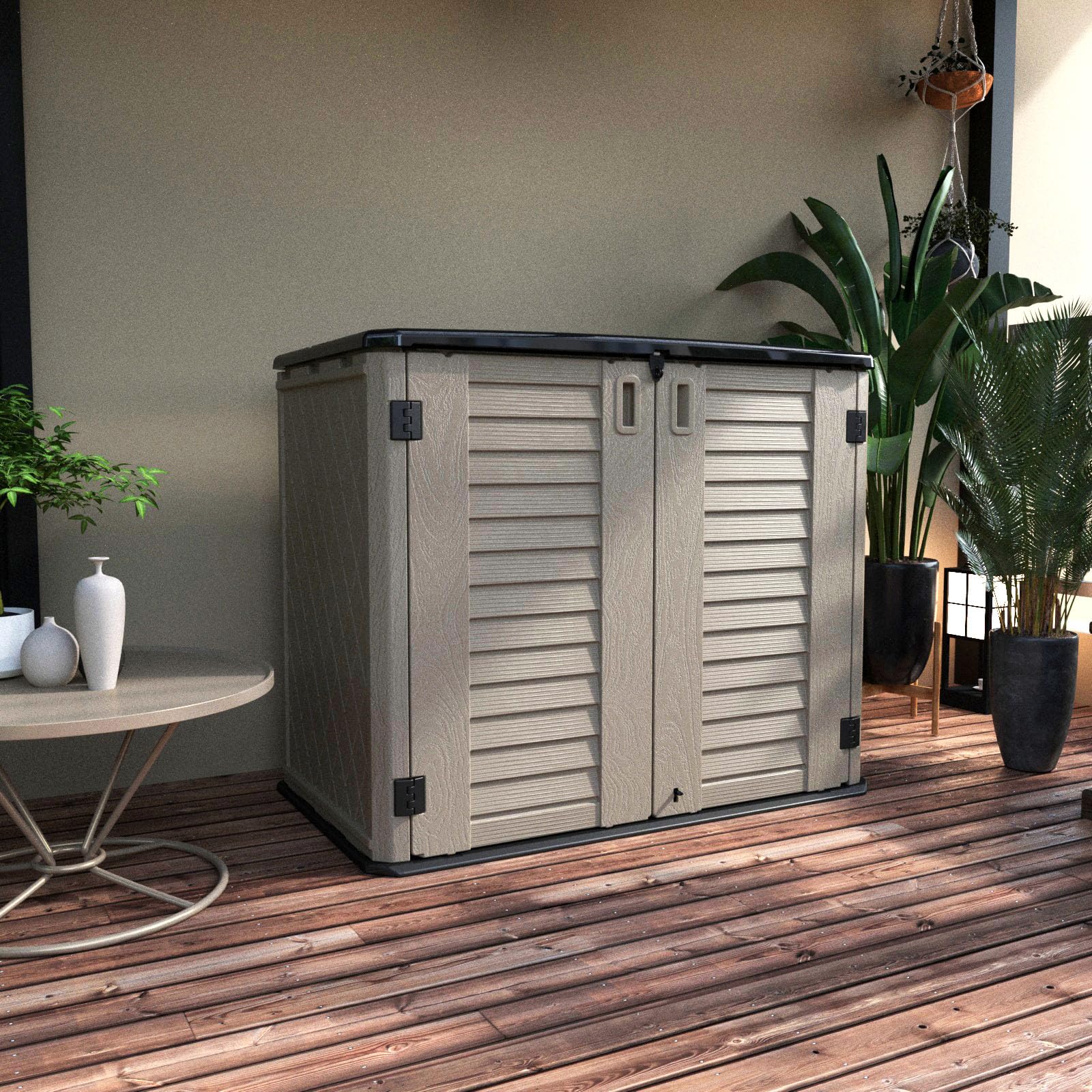 34 Cu.ft Horizontal Resin Storage Shed - Waterproof Outdoor Cabinet with Lock for Garden, Backyard, Home & Pool Storage - Durable Brown Utility Shed for Patio Furniture, Pool Toys & Yard Tools Organization