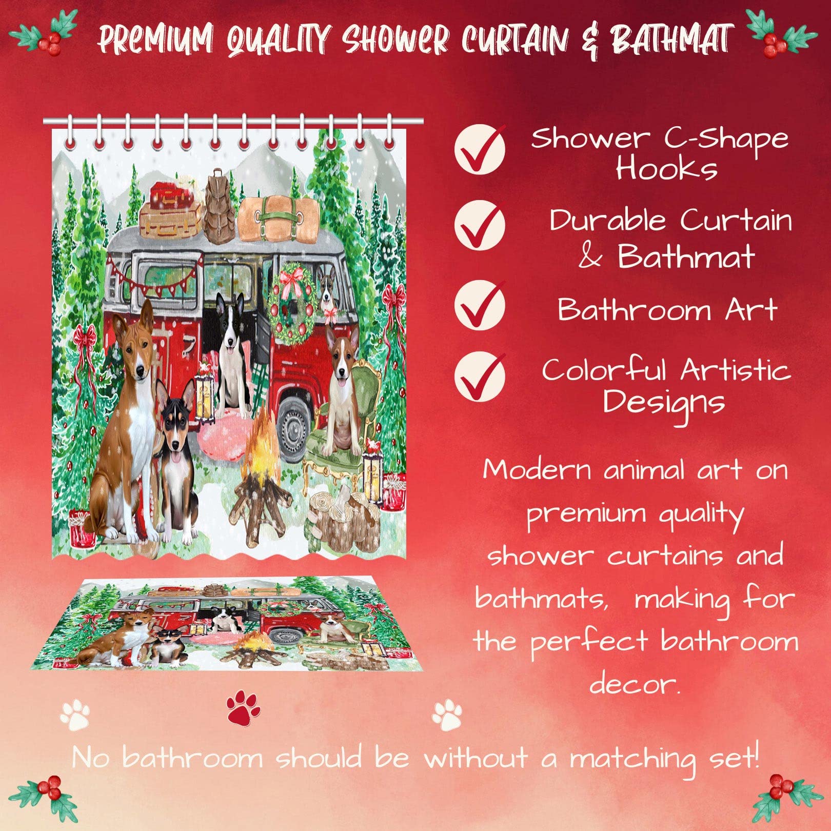 Christmas Themed Bouvier Dog Shower Curtain & Bath Mat Set - Soft Plush Polyester Bathroom Decor with Hooks (Mat 20x32in, Curtain 36x72in) - Perfect for Holiday Camping Trips & Festive Bathroom Decorations