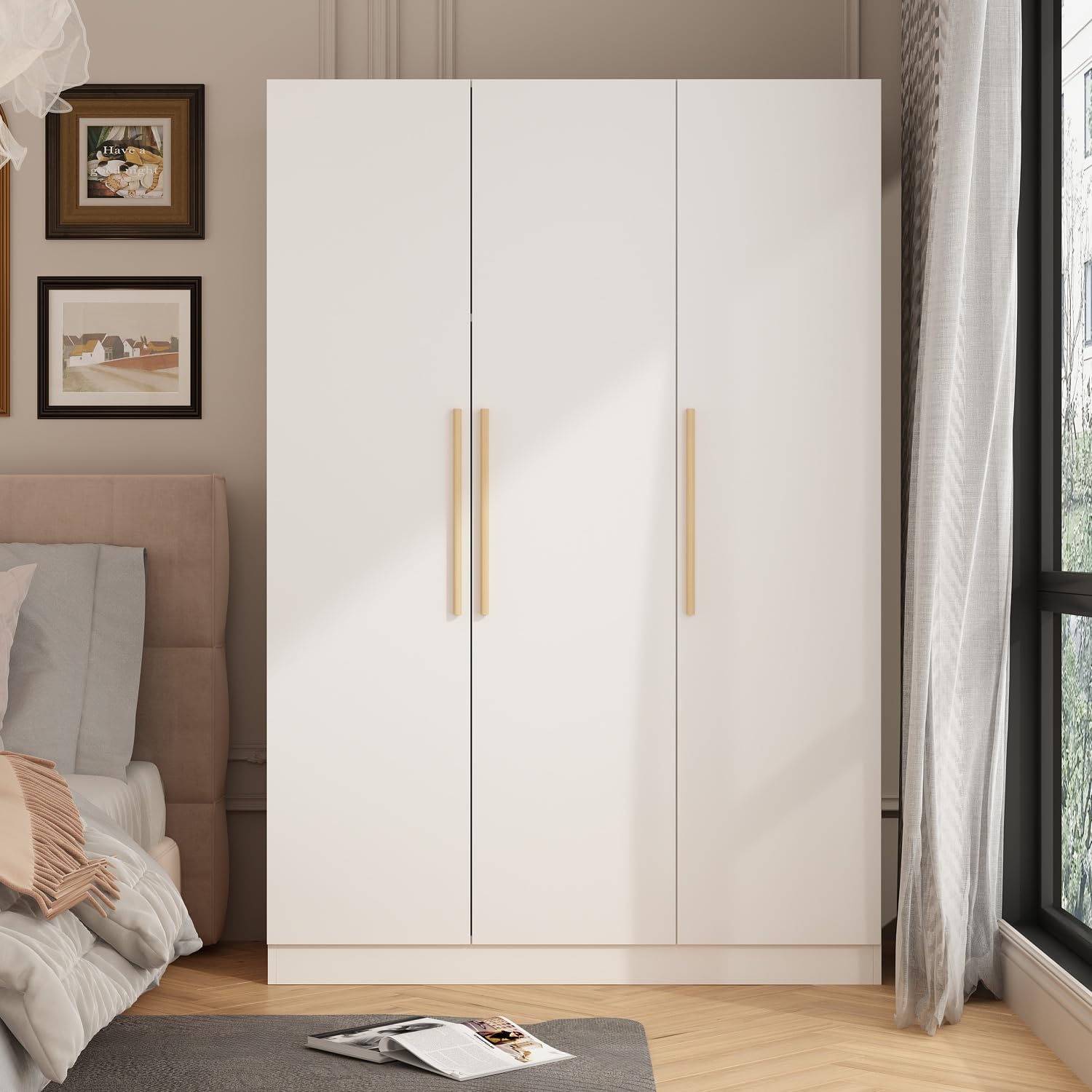 Hitow 3-Door Wardrobe Armoire Closet for Bedroom - White Wooden Storage Cabinet with Hanging Rod & Adjustable Shelves (47.2