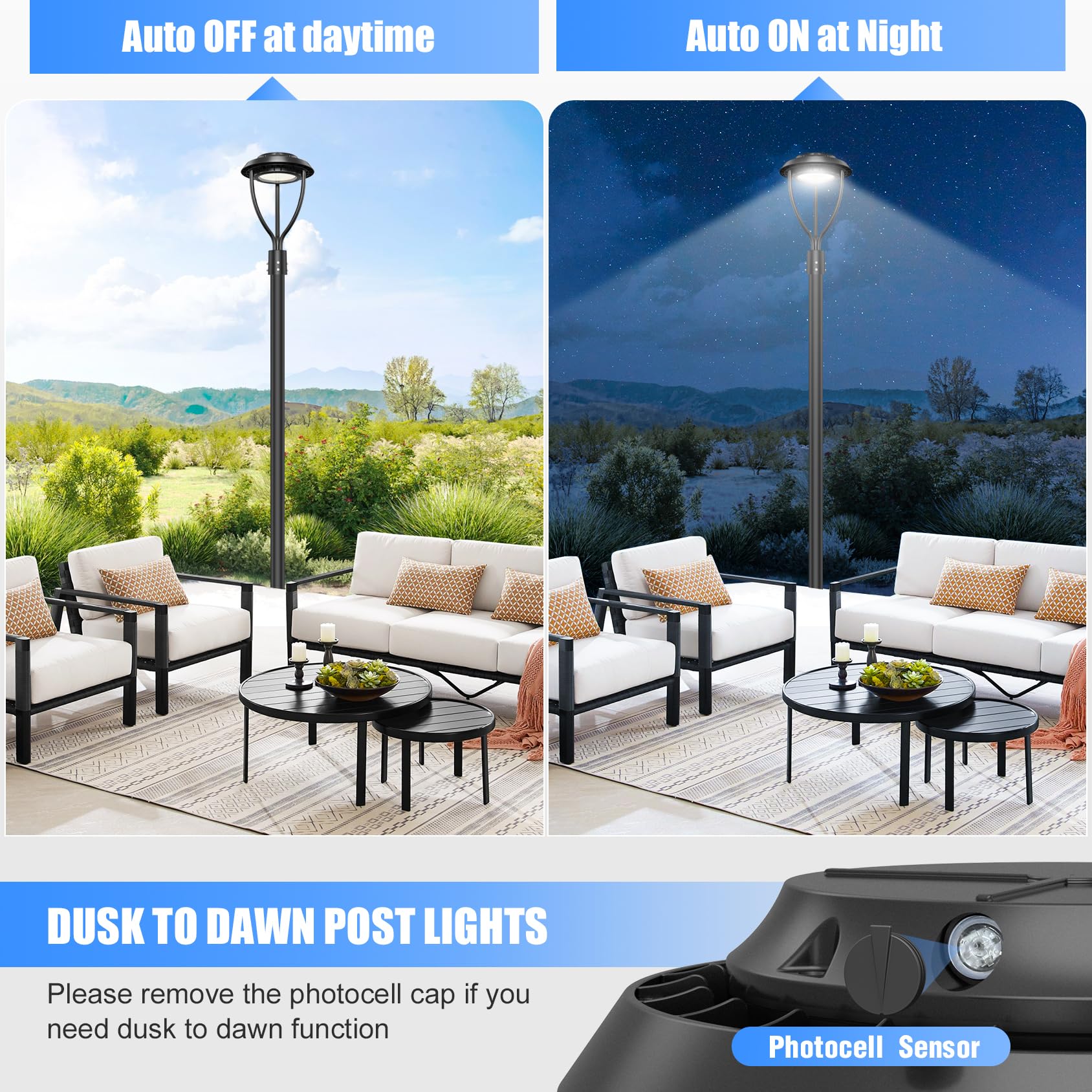 150W LED Post Top Light with Photocell Sensor - Adjustable 150W/120W/90W, 21,000 Lumens, 5000K Daylight - IP65 Waterproof Outdoor Pole Light for Garden, Yard, Pathway & Street Lighting - ETL & DLC Certified (AC100-277V) - Perfect for Residential & Commercial Landscape Illumination