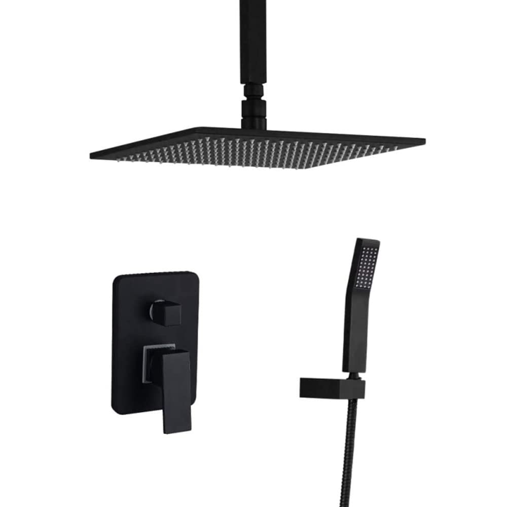 12 Inch Matte Black Ceiling Mount Shower System - High Pressure Rainfall Square Shower Head with Handheld Sprayer - Luxury Bathroom Faucet Set for Modern Homes (Perfect for Spa-Like Experience & Daily Relaxation)