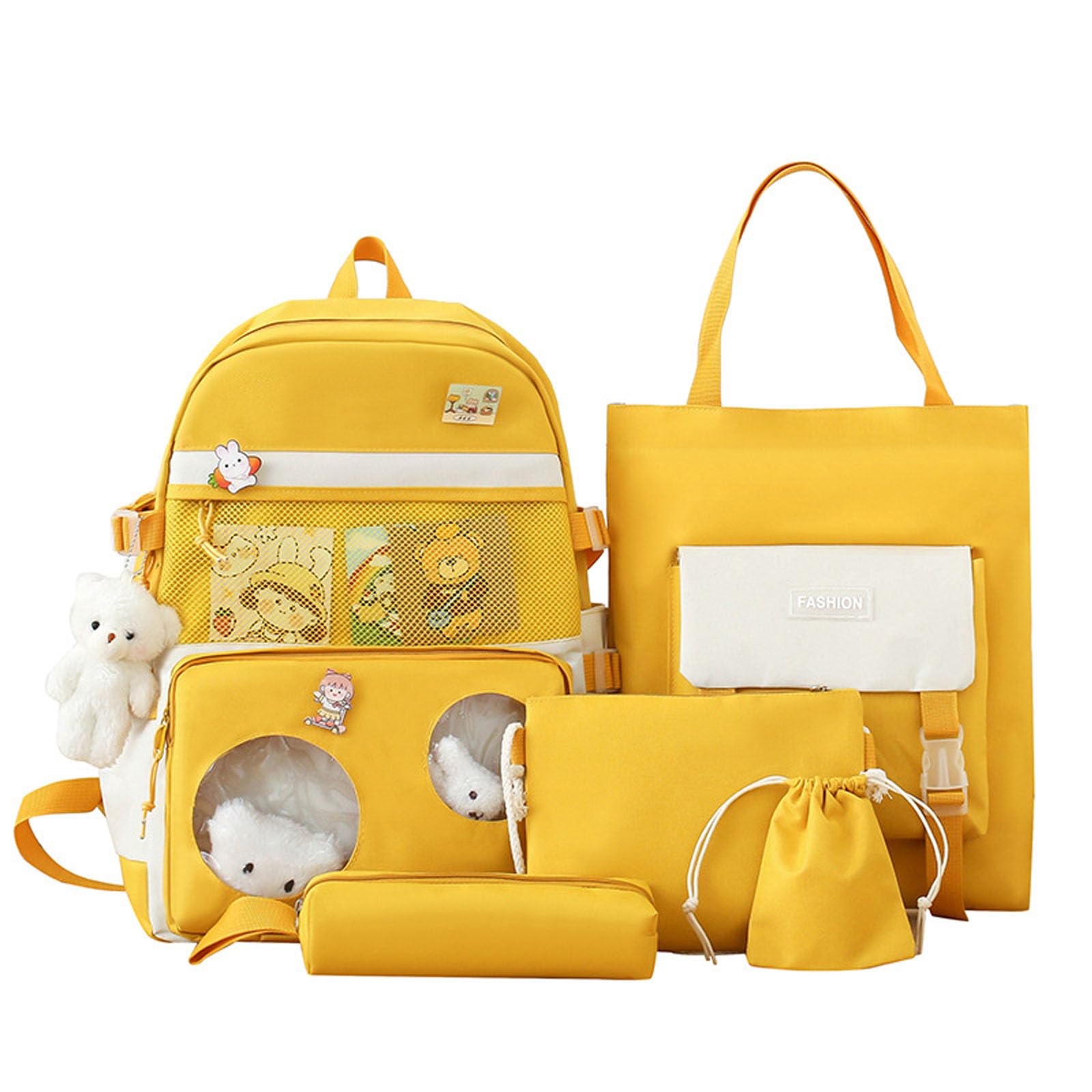 5Pcs Cute Kawaii Backpack Set for School - Aesthetic Yellow Backpack with Accessories | Girls School Supplies, College Backpack, Travel Daypack for Teens & Kids