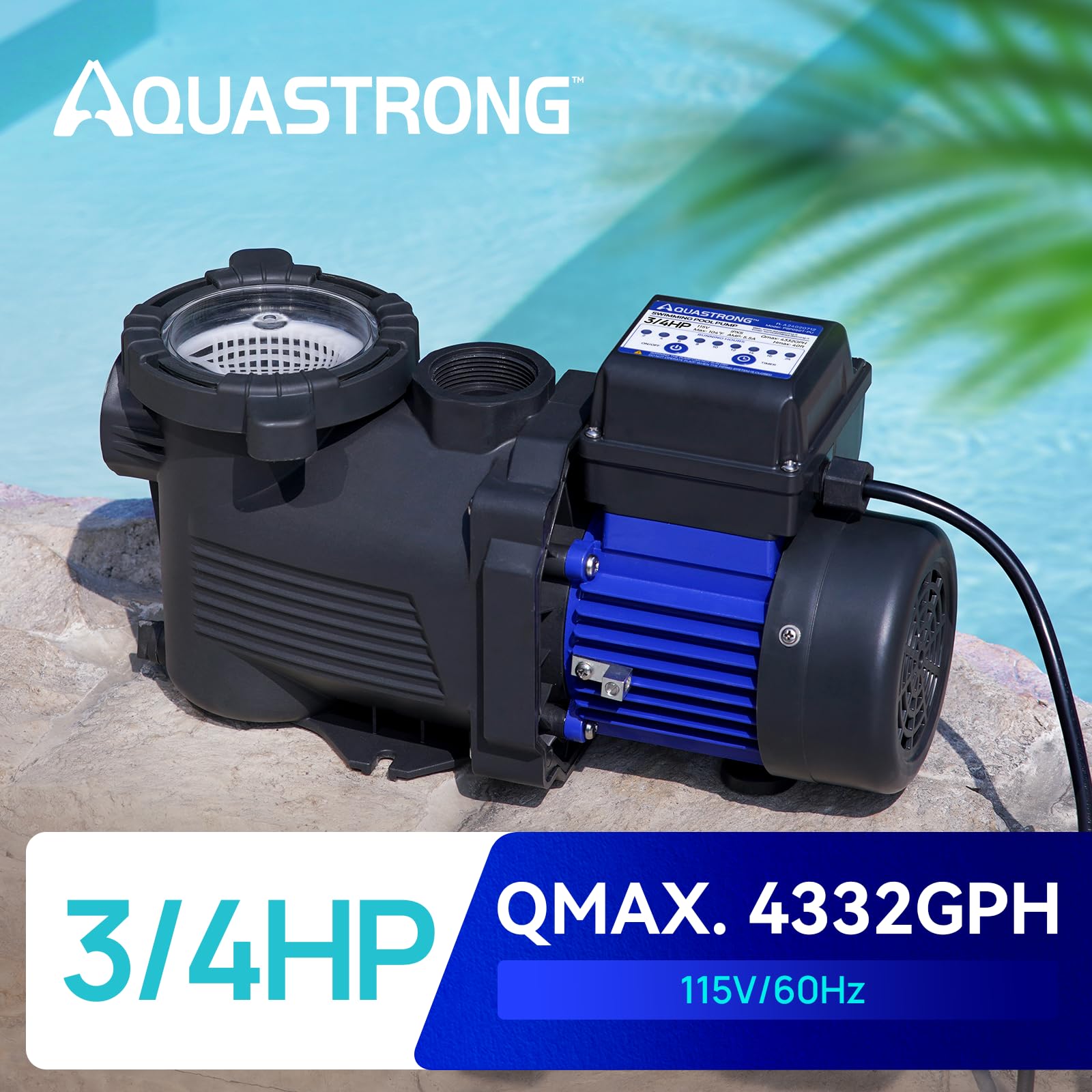 AQUASTRONG 3/4 HP High Flow Above Ground Pool Pump with Timer - 115V, 4332 GPH, 1.25