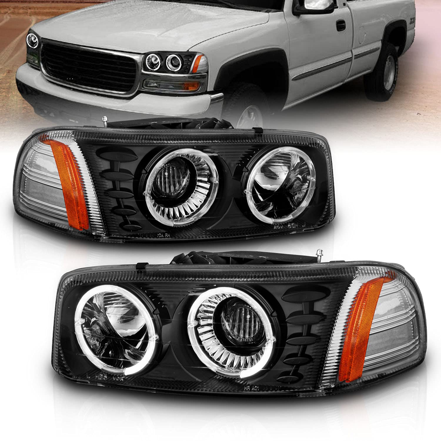 AmeriLite GMC 99-07 Sierra & 00-06 Yukon Dual LED Halo Ring Crystal Black Projector Headlights - Pair for Passenger & Driver Side | Enhanced Night Visibility & Stylish Upgrade for Trucks & SUVs