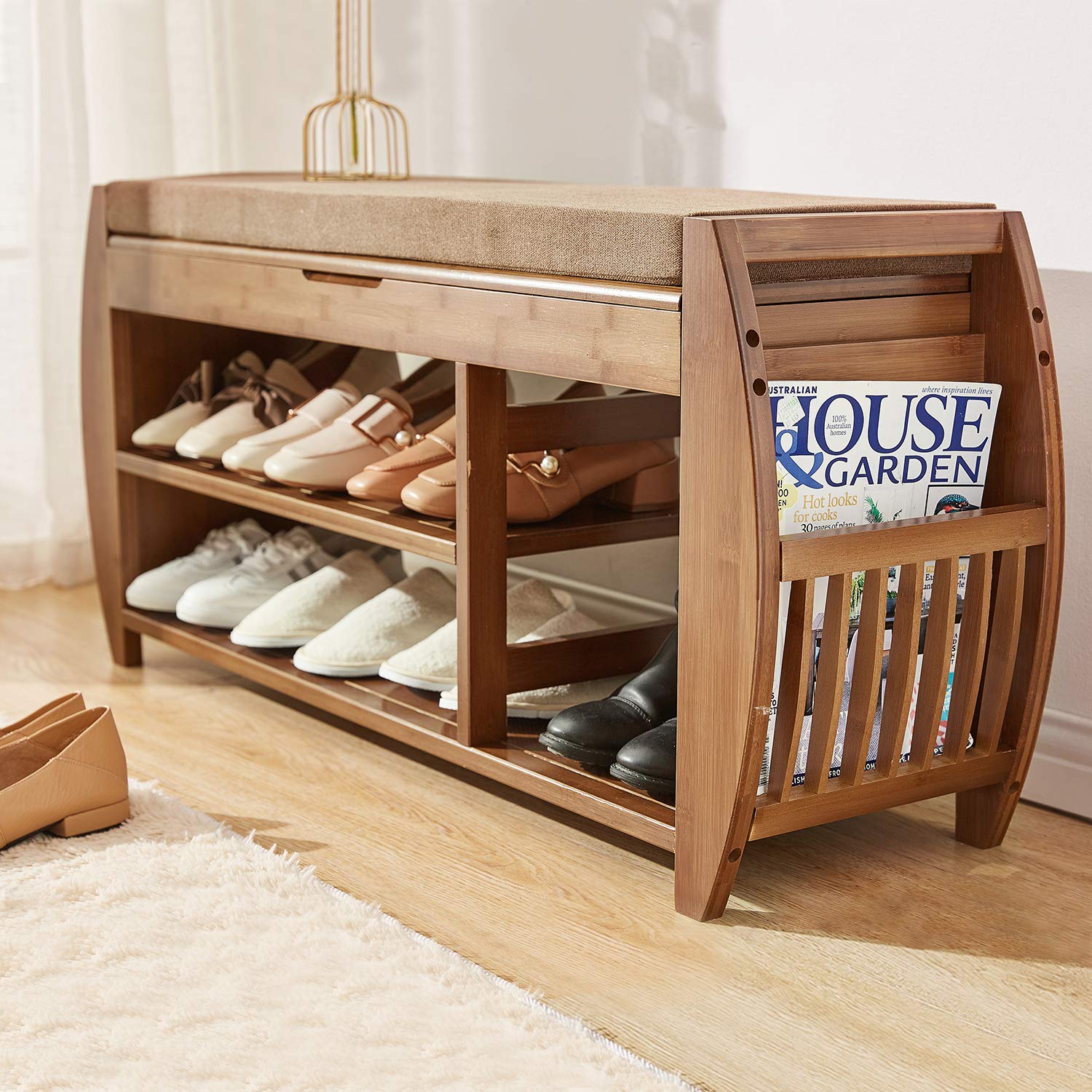 Bamboo Shoe Rack & Shoe Bench with Detachable Cushion - Entryway Storage Organizer for Hallway, Bathroom, Living Room & Garden - Multi-Functional Furniture with Hidden Storage Compartment | Perfect for Small Spaces, Home Organization & Entryway Decor
