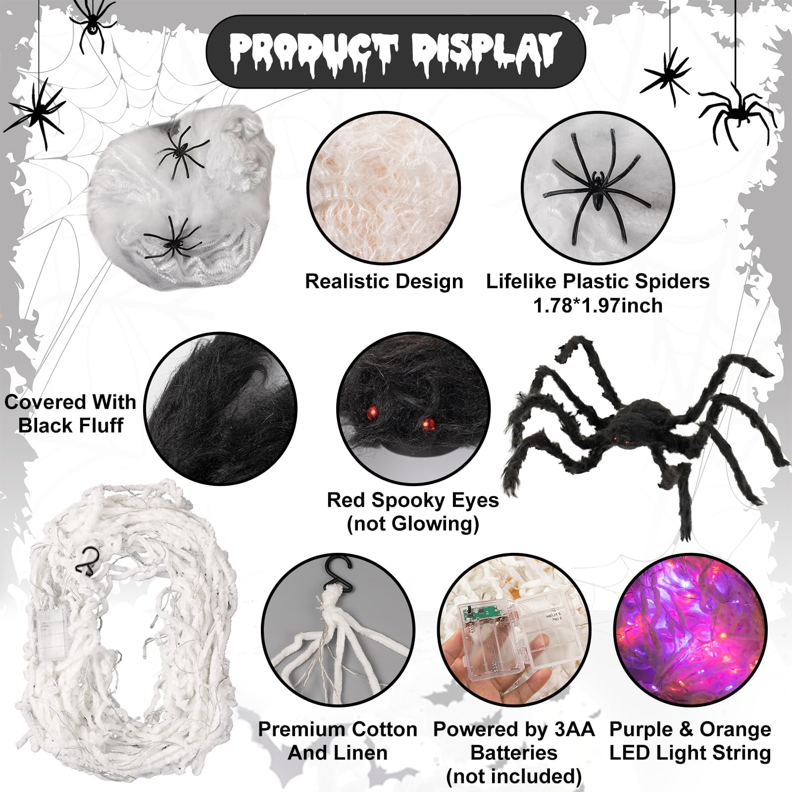16.4ft Giant LED Spider Web Halloween Decorations with Purple & Orange Lights - 36'' Black Scary Spider Web for Outdoor Yard, Garden & Party Decor | Perfect for Halloween Night, Haunted House Themes & Spooky Outdoor Displays