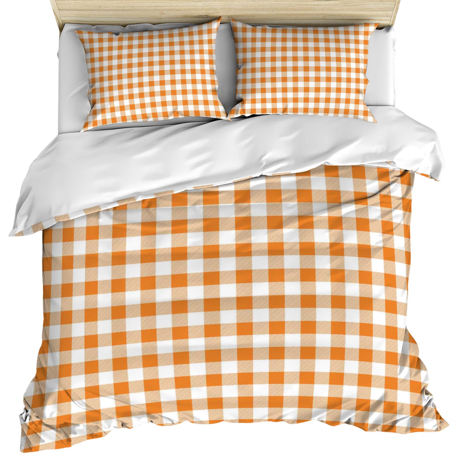 Luxury Queen Size Duvet Cover Set - 3 Piece Thanksgiving Plaid Orange Cotton Bedding with Pillow Shams | Soft & Cozy Buffalo Check Stripe Design | Machine Washable for Bedroom Decor | Perfect for Holiday Season & Cozy Winter Nights