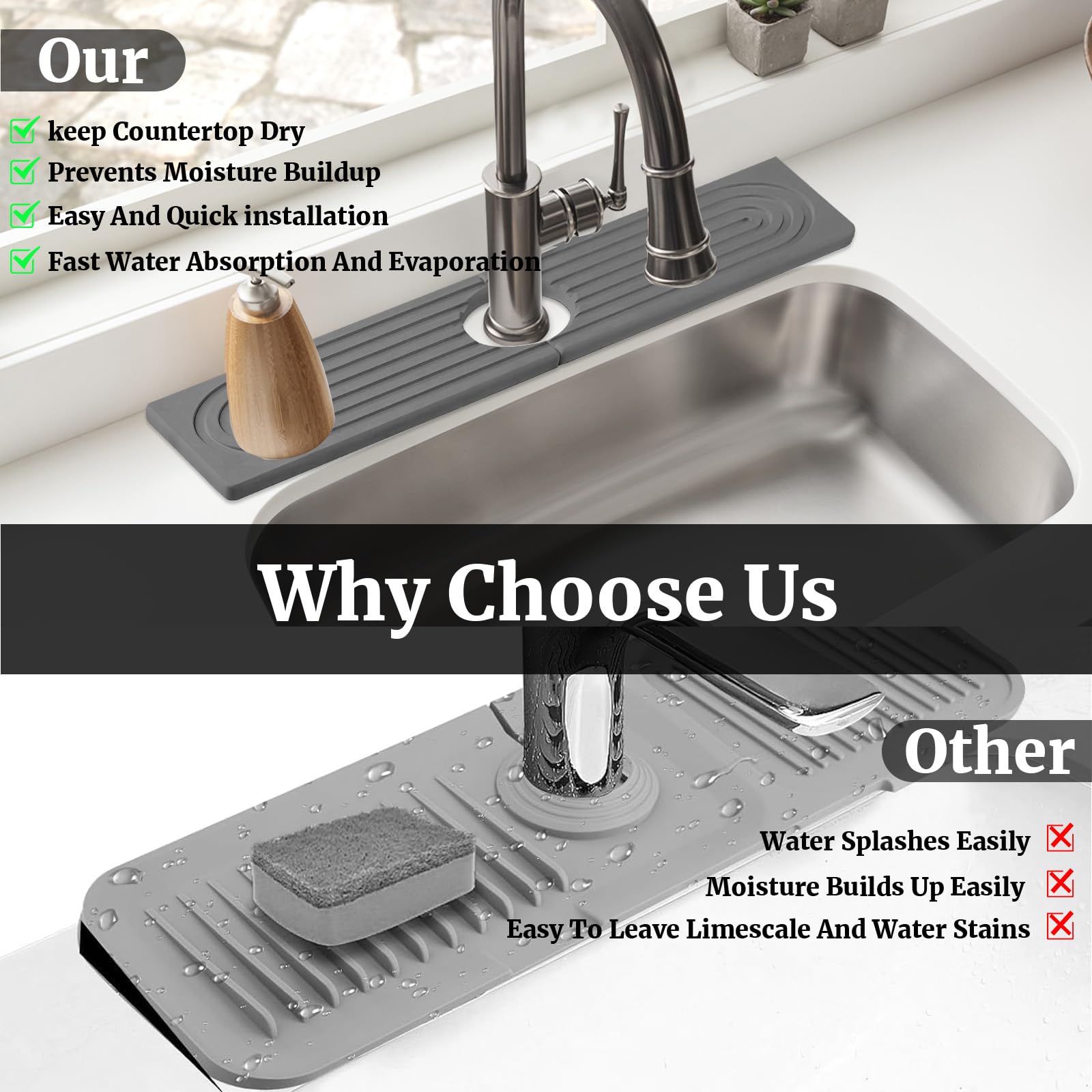 Premium Diatomite Sink Splash Guard & Fast-Drying Stone Tray (15.7