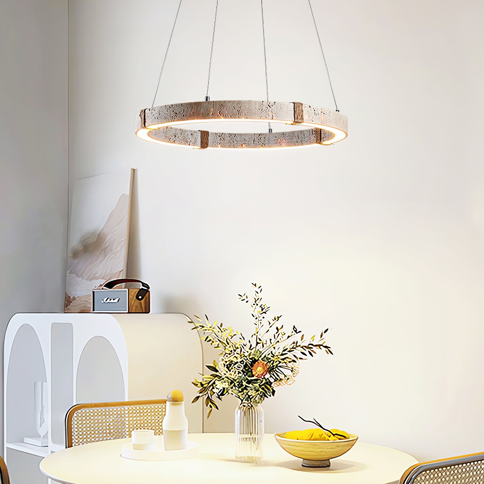 Modern Circle Travertine Pendant Light - Natural Stone Hanging Lamp for Dining Room, Kitchen Island & Living Room Decor