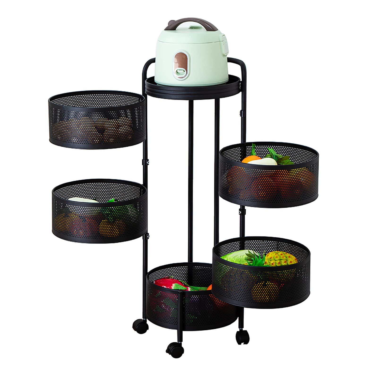 **5-Tier Black Metal Kitchen Cart with Wheels - Durable Round Vegetable Storage Rack & Rotating Basket Organizer for Kitchen, Living Room, Bathroom, Balcony - Perfect for Small Spaces & Home Organization**