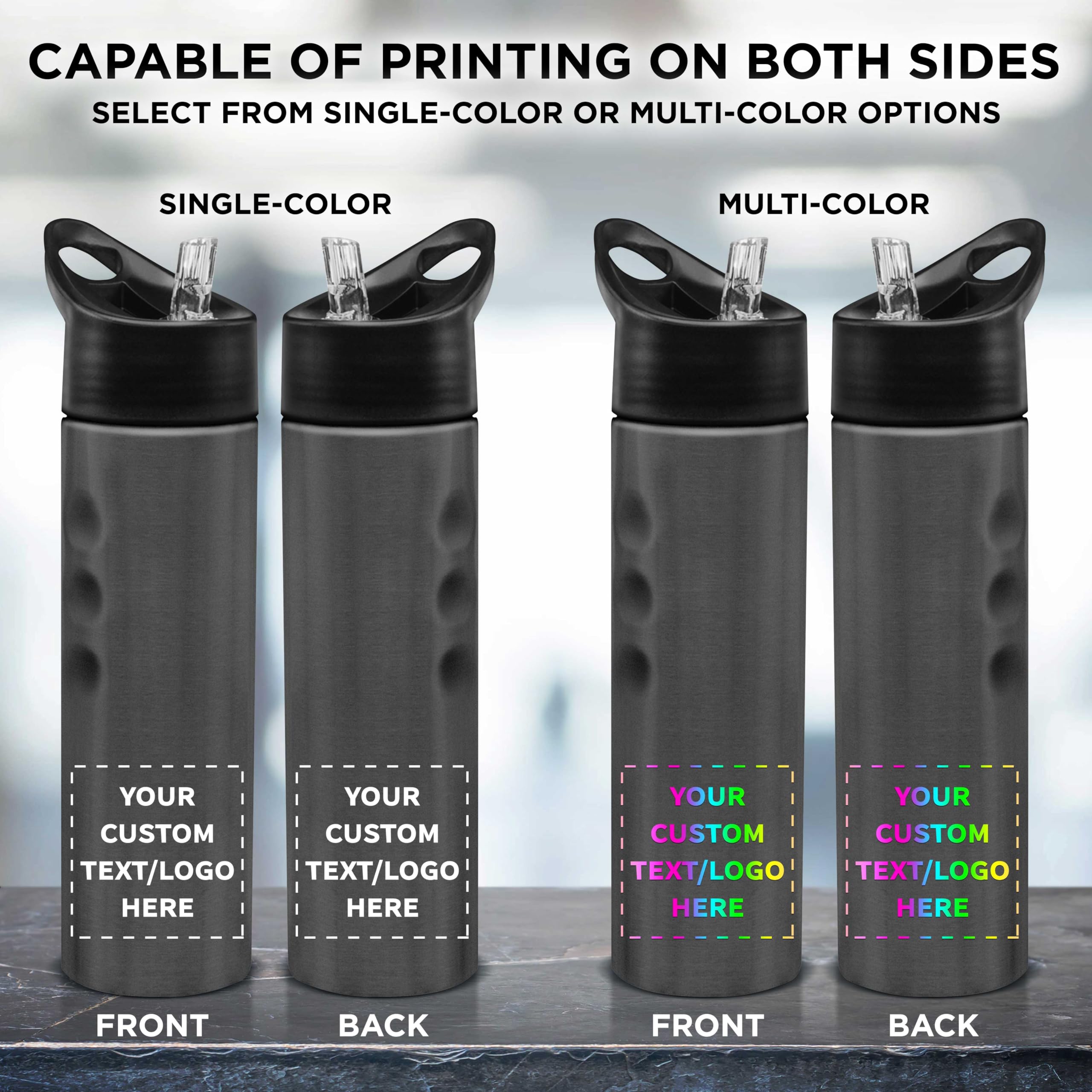 Custom Slim Stainless Steel Water Bottles 25oz - 24 Pack Bulk Order with Personalized Text & Logo - Reusable Gym & Sports Water Bottle in Charcoal - Perfect for Team Sports, Corporate Gifts & Fitness Enthusiasts