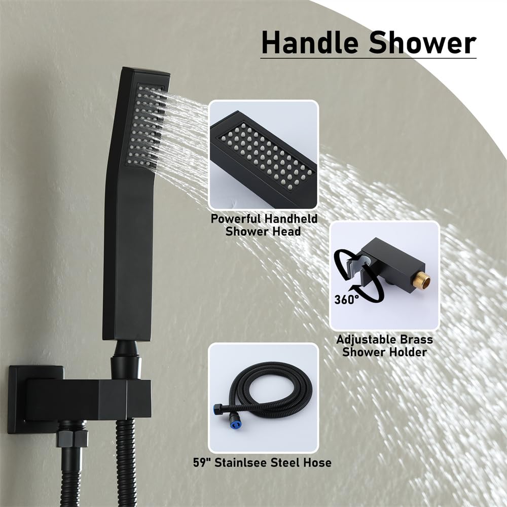 Premium 12 Inch Rainfall Shower System - High Pressure Matte Black Shower Head with 3 Functions (Wall Mounted) for Spa-Like Bathroom Experience