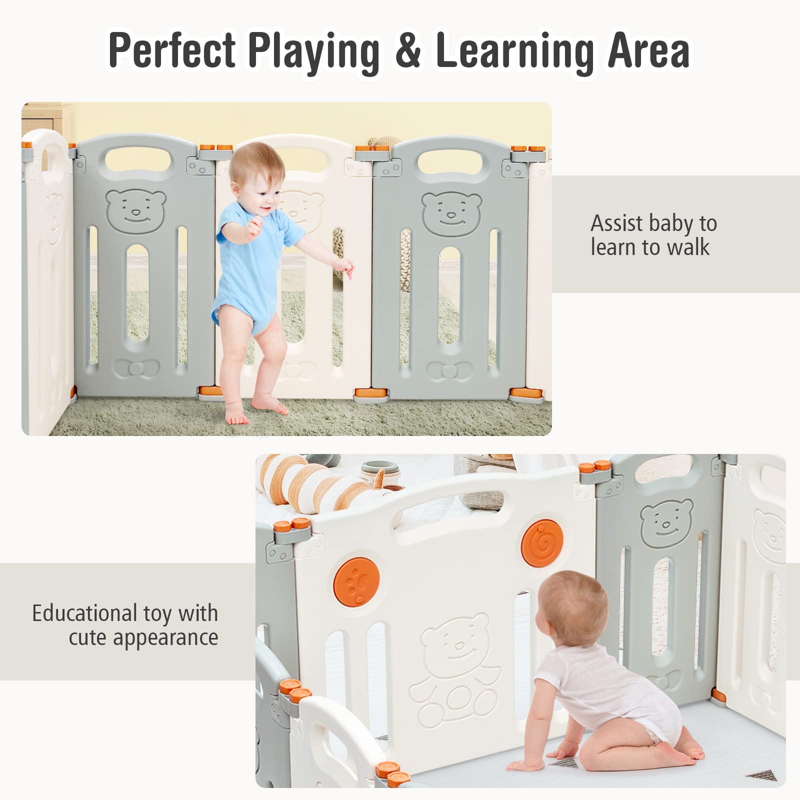 Costzon 14-Panel Foldable Baby Playpen with Locking Gate - Non-Slip Rubber Bases, Adjustable Shape Playard for Toddlers - Portable Baby Fence for Indoor & Outdoor Use (Beige & Gray) | Safe Play Area for Home, Backyard, Daycare & Travel