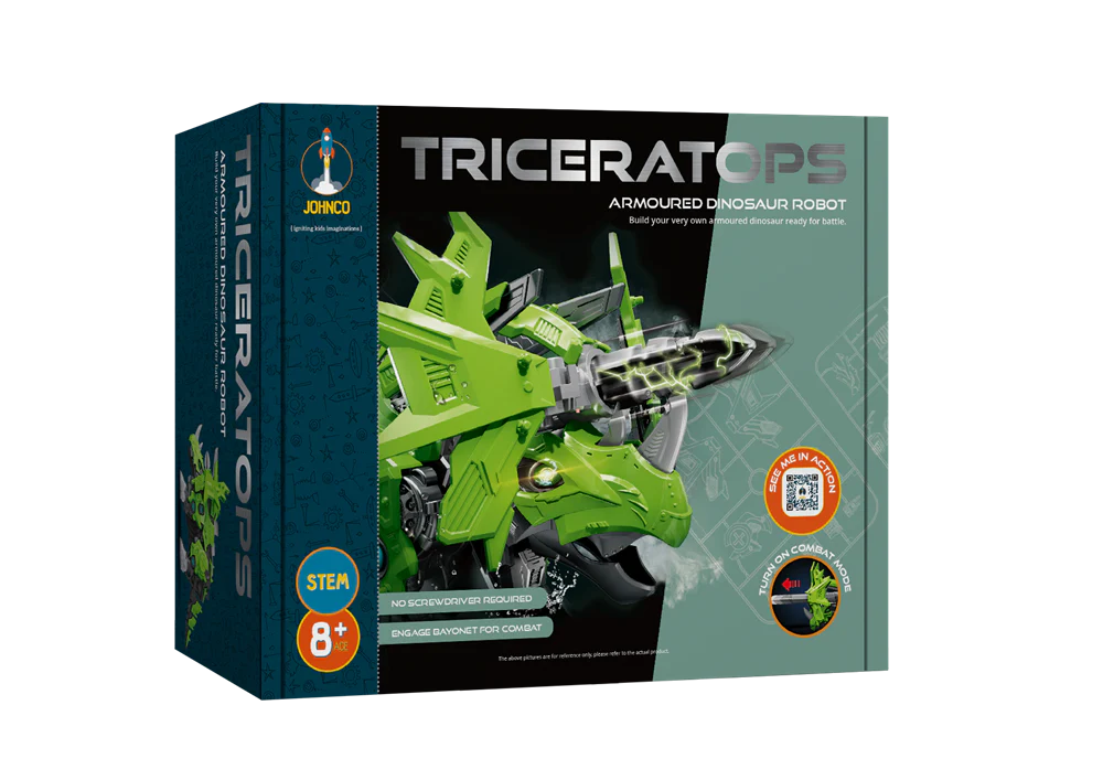 Johnco Triceratops Armored Dinosaur Robot - STEM Educational Toy for Kids, Remote Control Dino with Lights & Sounds - Perfect for Science Learning & Pretend Play