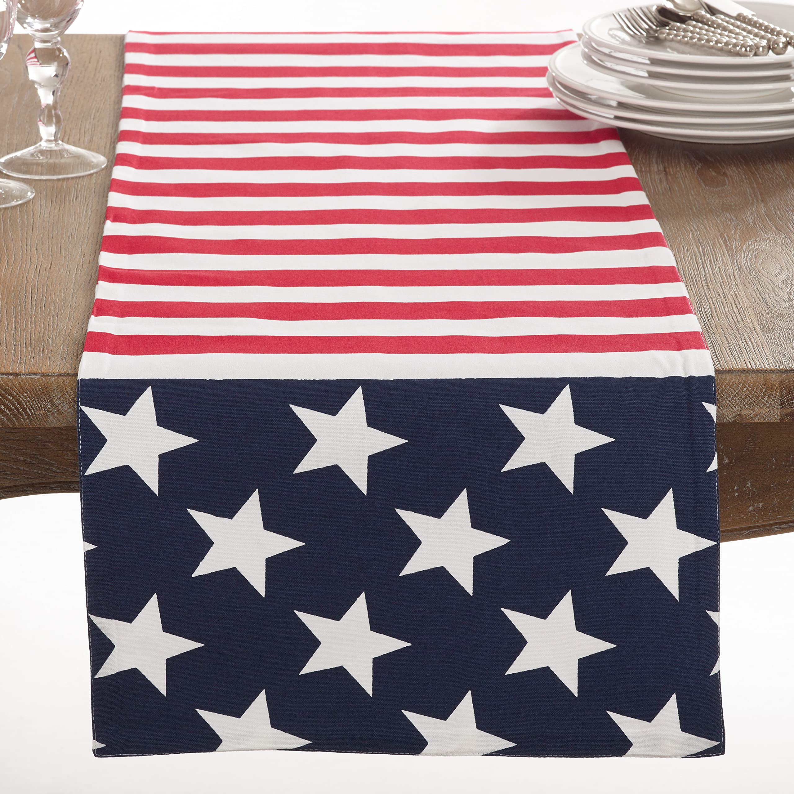 American Flag Patriotic Table Runner for 4th of July, Memorial Day, BBQ & Holiday Decor - Red White Blue Stripes USA Theme Dining Table Cover