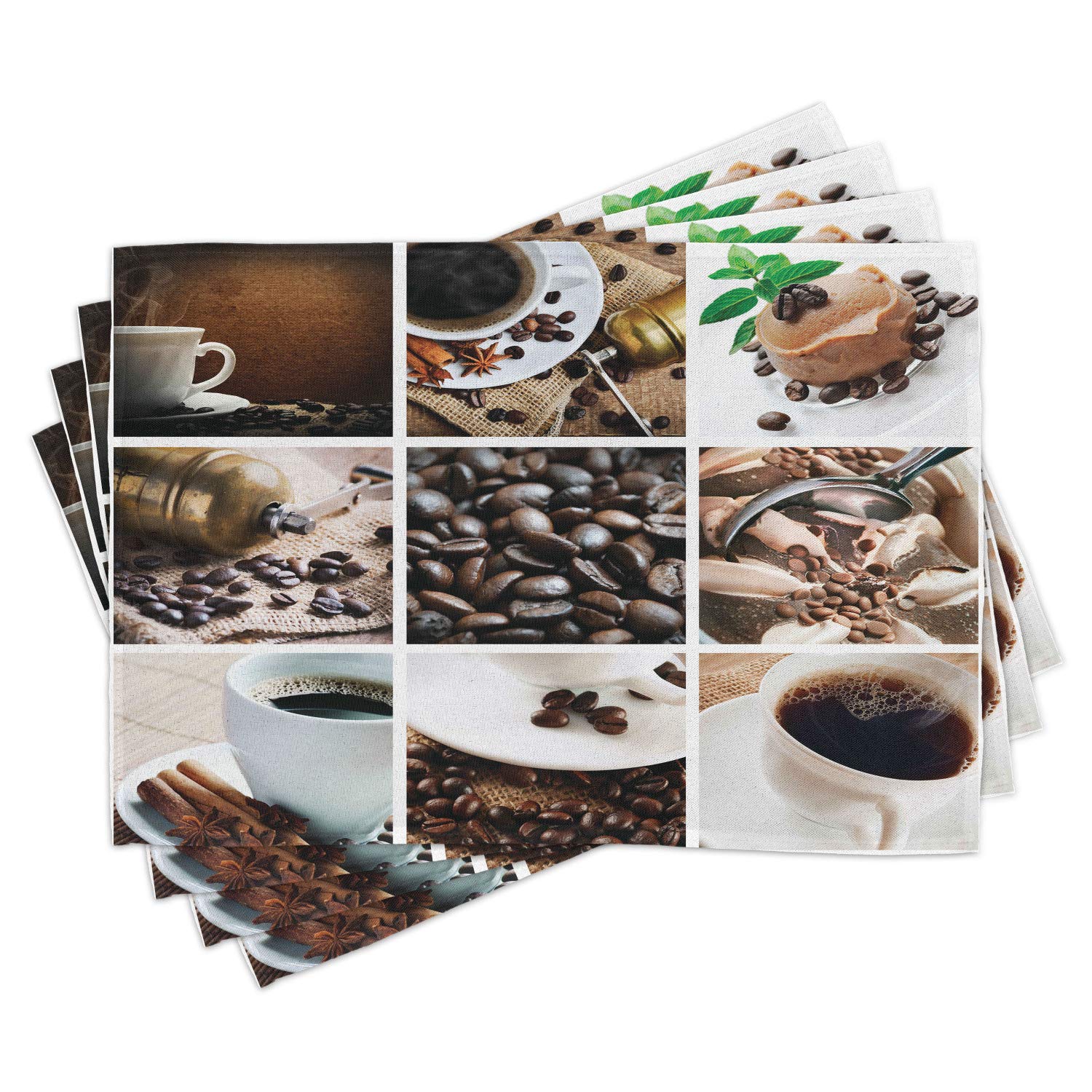 Lunarable Coffee Place Mats Set of 4 - Washable Fabric Table Mats with Coffee Beans, Desserts & Cinnamon Design for Dining Room & Kitchen Decor in Dark & Pale Brown | Perfect for Coffee Shops, Breakfast Nooks & Cozy Home Dining