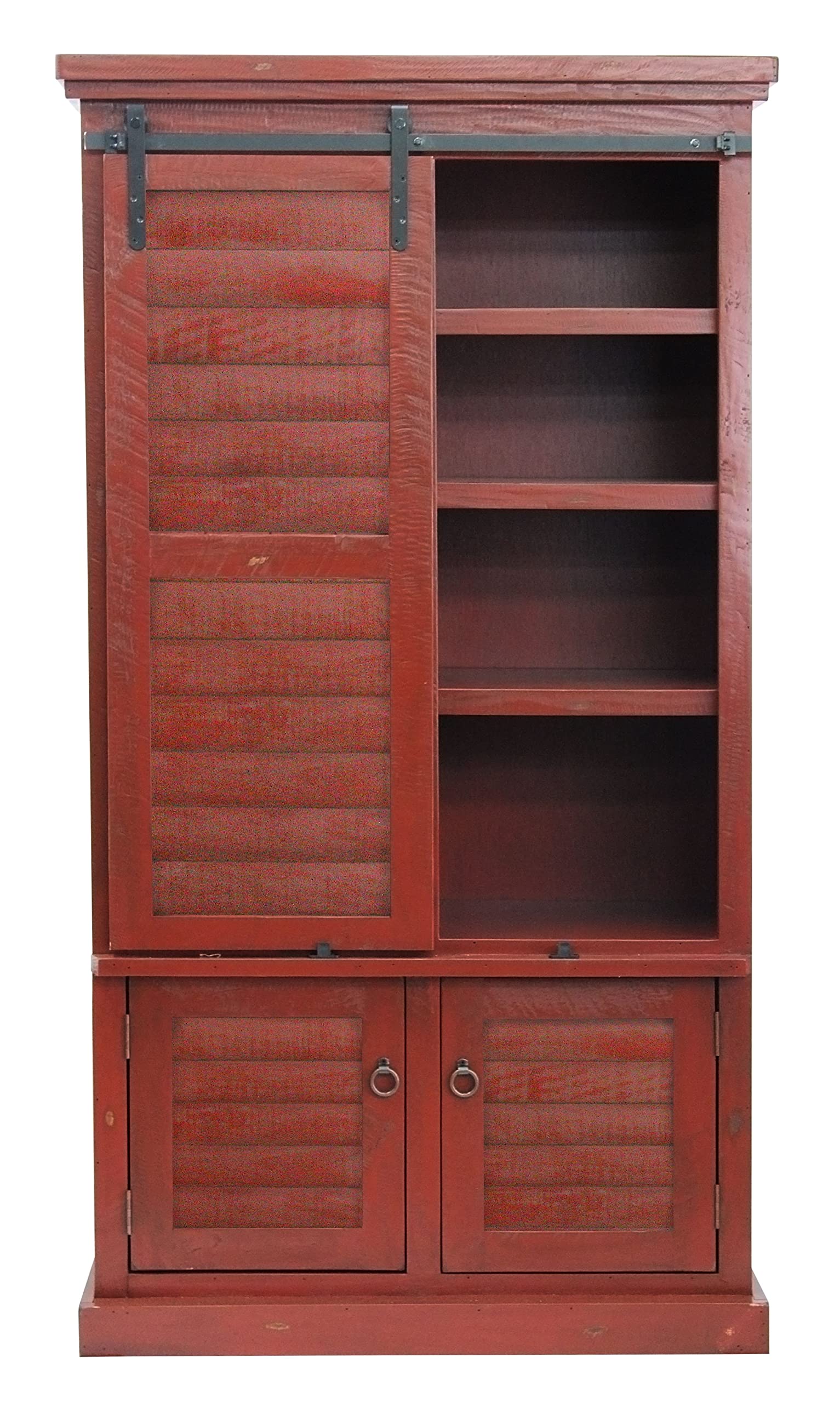Rustic Red Wooden Shutter Door Pantry Cabinet for Kitchen - Farmhouse Style Storage with Adjustable Shelves | Perfect for Country Homes, Farmhouse Kitchens & Pantry Organization
