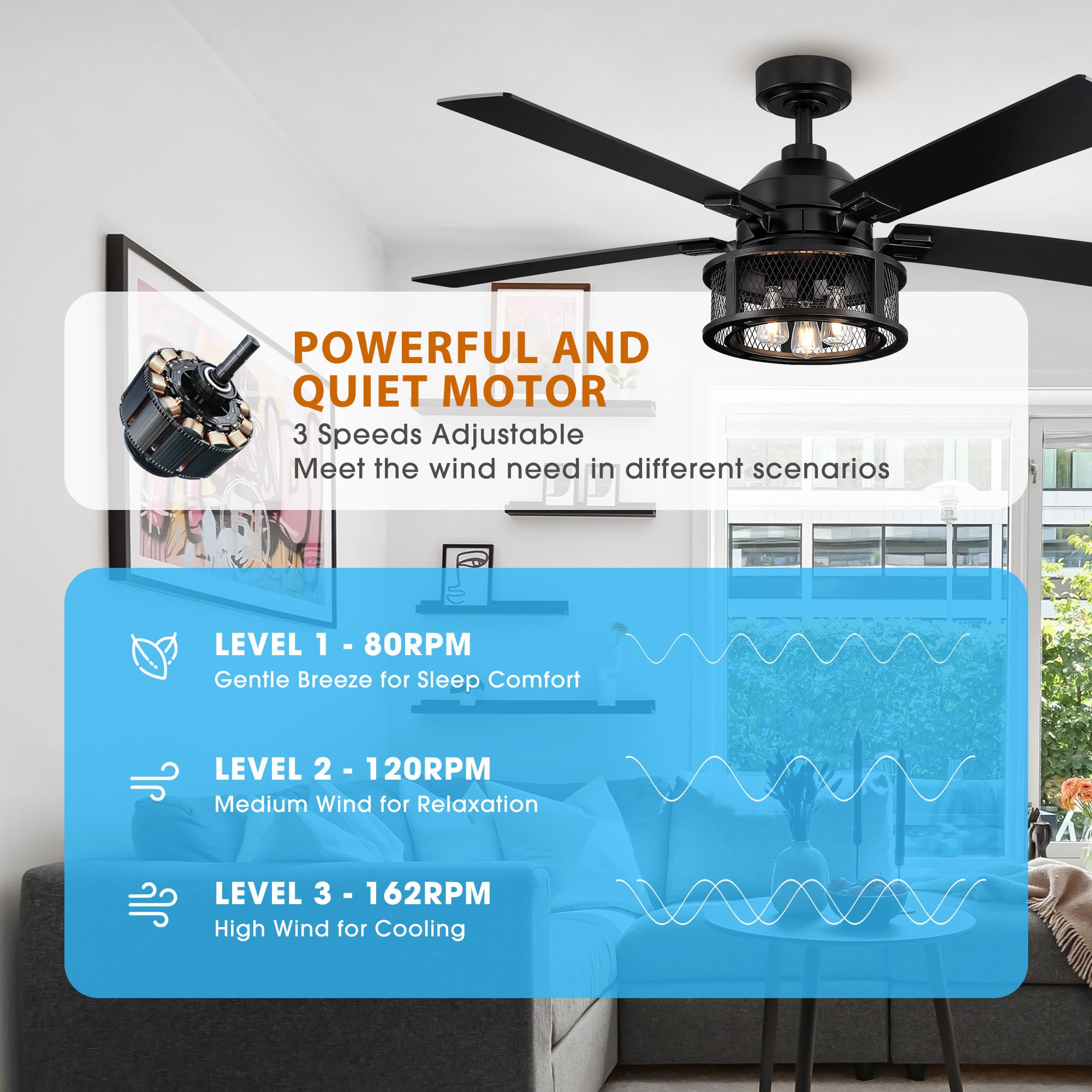 52 Inch Black Farmhouse Ceiling Fan with Remote Control, LED Light and Reversible Blades - Rustic Indoor/Outdoor Ceiling Fan for Bedroom, Living Room, Patio - Perfect for Home Cooling and Stylish Decor