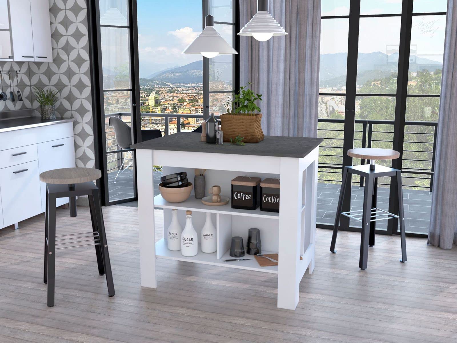White Brooklyn Kitchen Island with Onix Surface & Shelves for Small Spaces