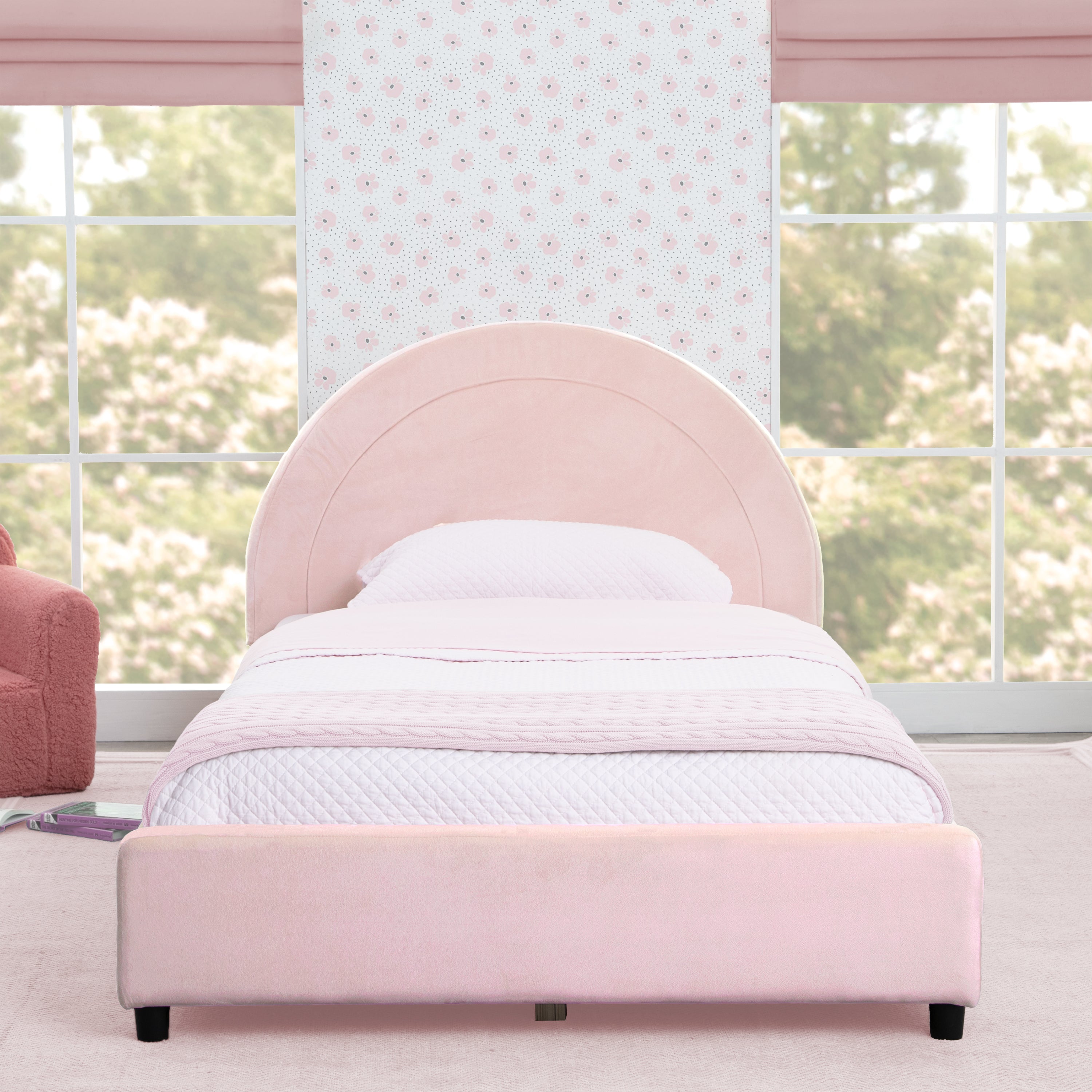 Upholstered Twin Bed with Round Headboard - Soft Fabric Frame for Kids & Teens - Perfect for Bedrooms, Dorms & Guest Rooms