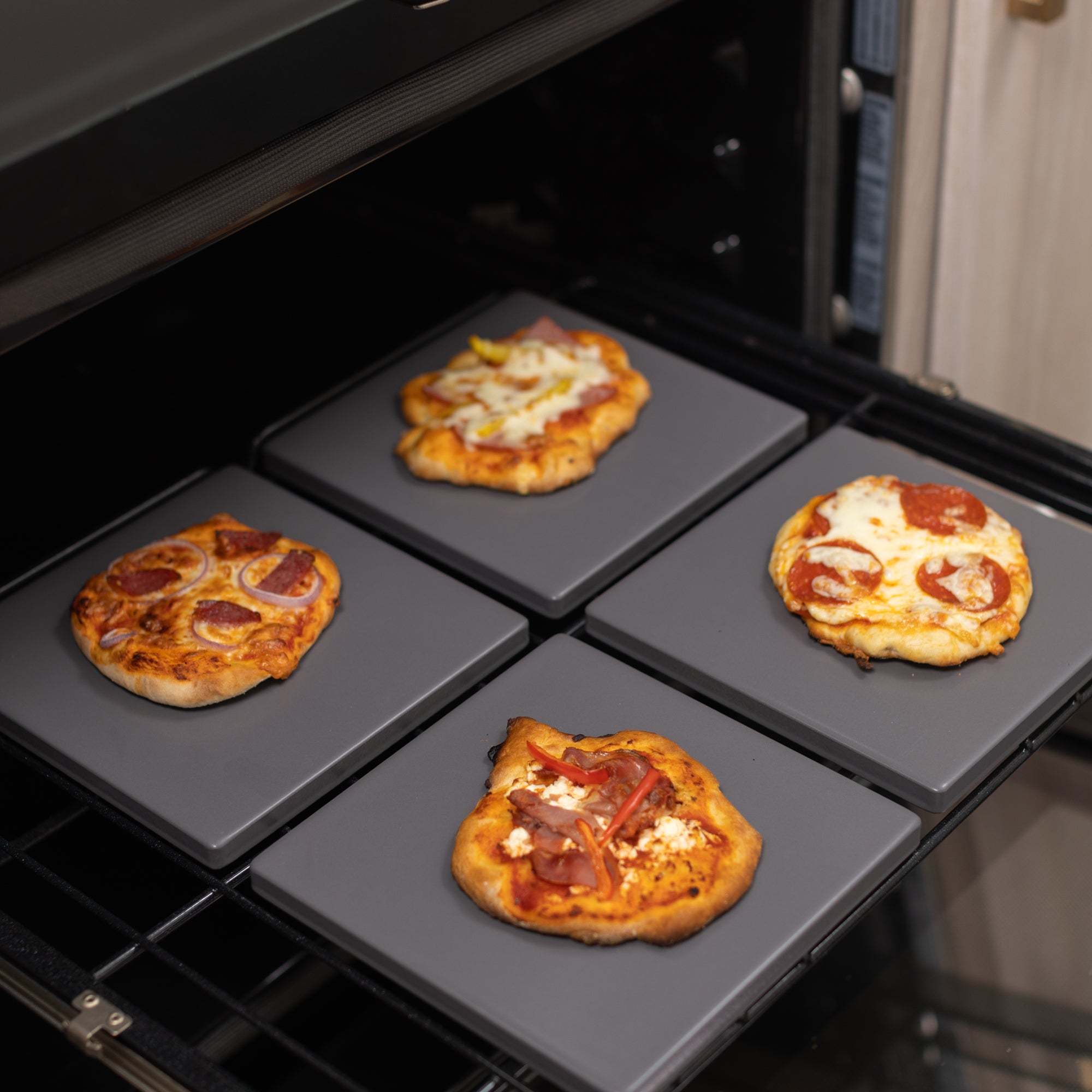 Premium 4-Piece Glazed Cordierite Square Pizza Stone Set - 7.5x7.5 Inch Grey Baking Stone for Perfect Homemade Pizza, Bread & Pastry - Ideal for Oven, Grill & Outdoor Cooking