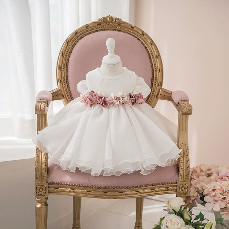White Princess Round Tea Length Organza Flower Girl Dress for Weddings & Special Occasions