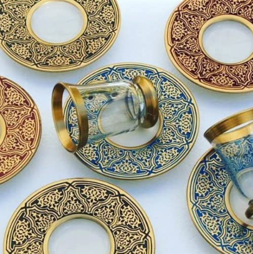 Premium Turkish Tea Set - 18-Piece Handmade Gold-Plated Mirra Cups & 6 Tea Glasses, 22K Gold Vintage Design (140cc, Red) - Perfect for Home Tea Parties, Gifts & Traditional Turkish Tea Ceremonies