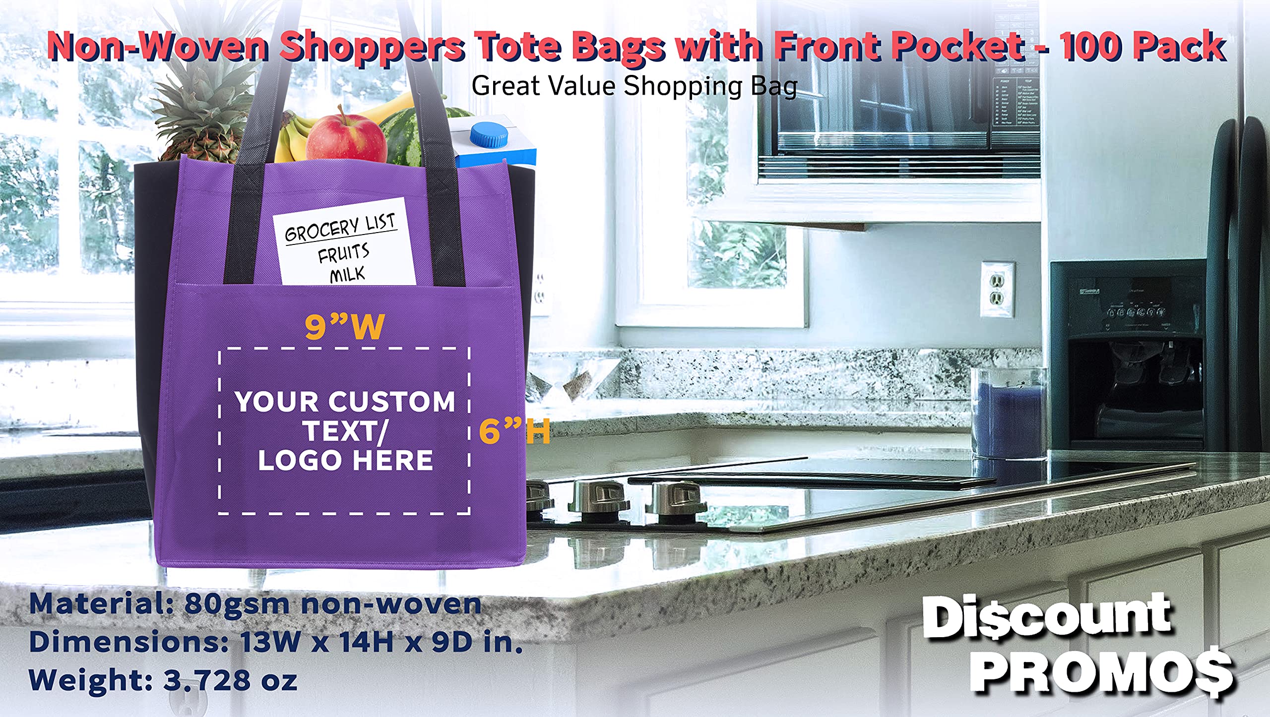 100 Pack Customizable Non-Woven Tote Bags with Front Pocket - Eco-Friendly Reusable Shopping Bags in Vibrant Purple Two-Tone (13