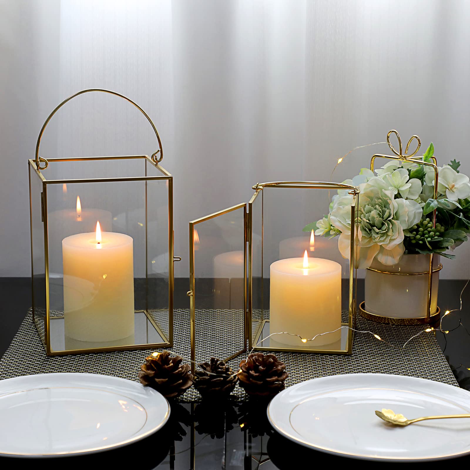 Set of 2 Gold Geometric Glass Hurricane Candle Holders with Metal Handles - Decorative Pillar Candle Stands for Wedding Centerpieces, Table Decor, Home & Garden Lighting, Romantic Dinner Ambience