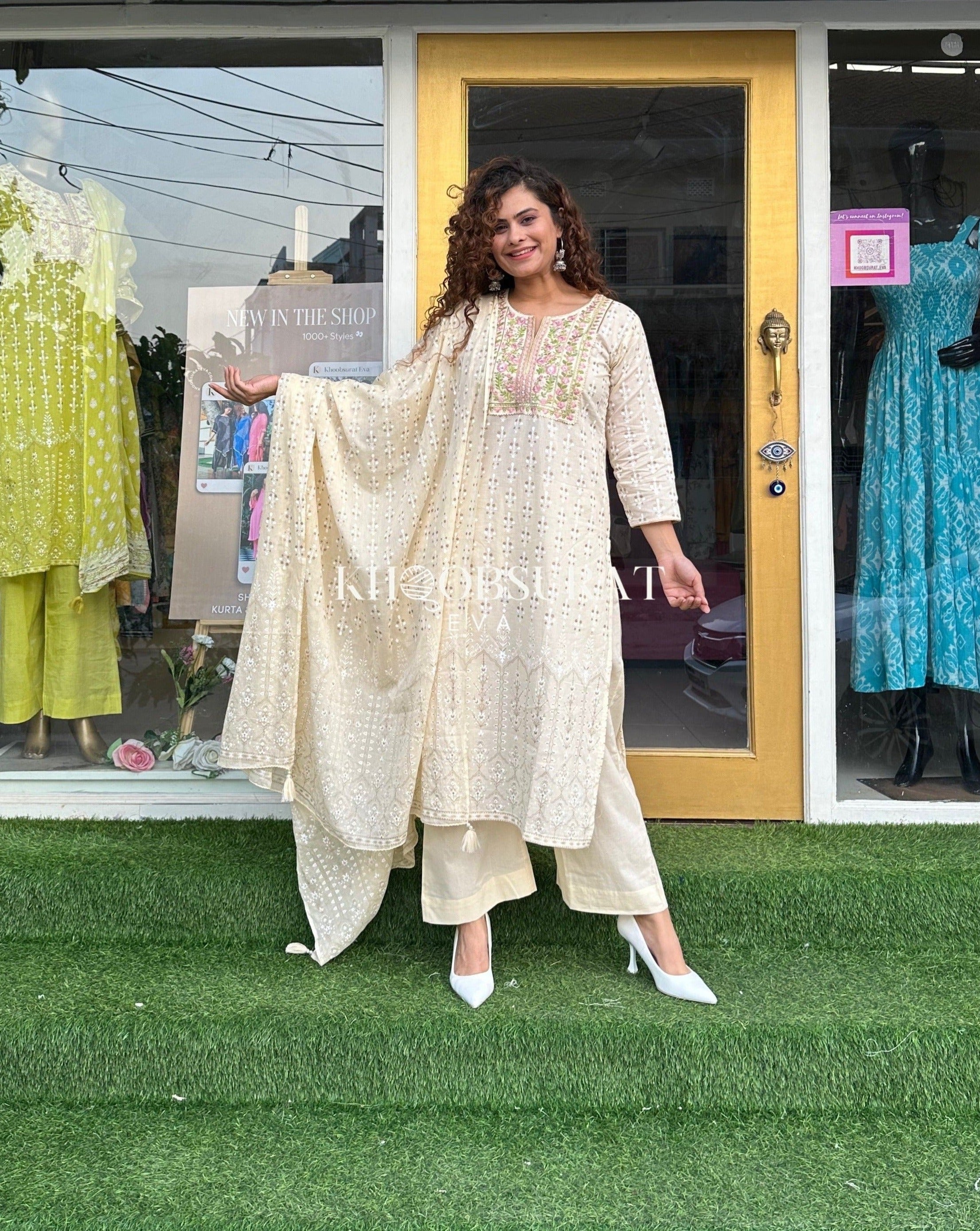 Tanishka Cream Embroidered Kurta Suit Set for Women | Traditional Indian Ethnic Wear | Perfect for Festivals, Weddings & Special Occasions
