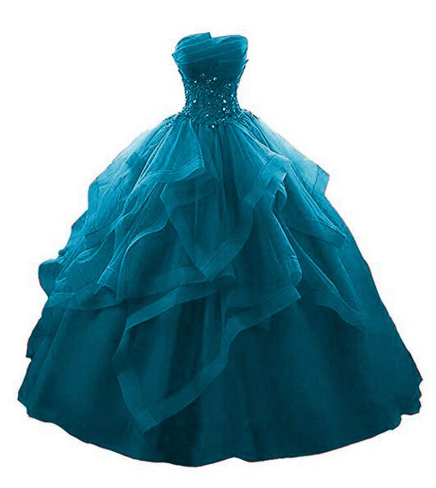 Elegant Blue Strapless Lace Beaded Quinceañera Dress - Long Sleeveless Prom Ball Gown with Ruffles for Women | Perfect for Sweet 16, Quinceañera, Prom, Homecoming & Formal Events