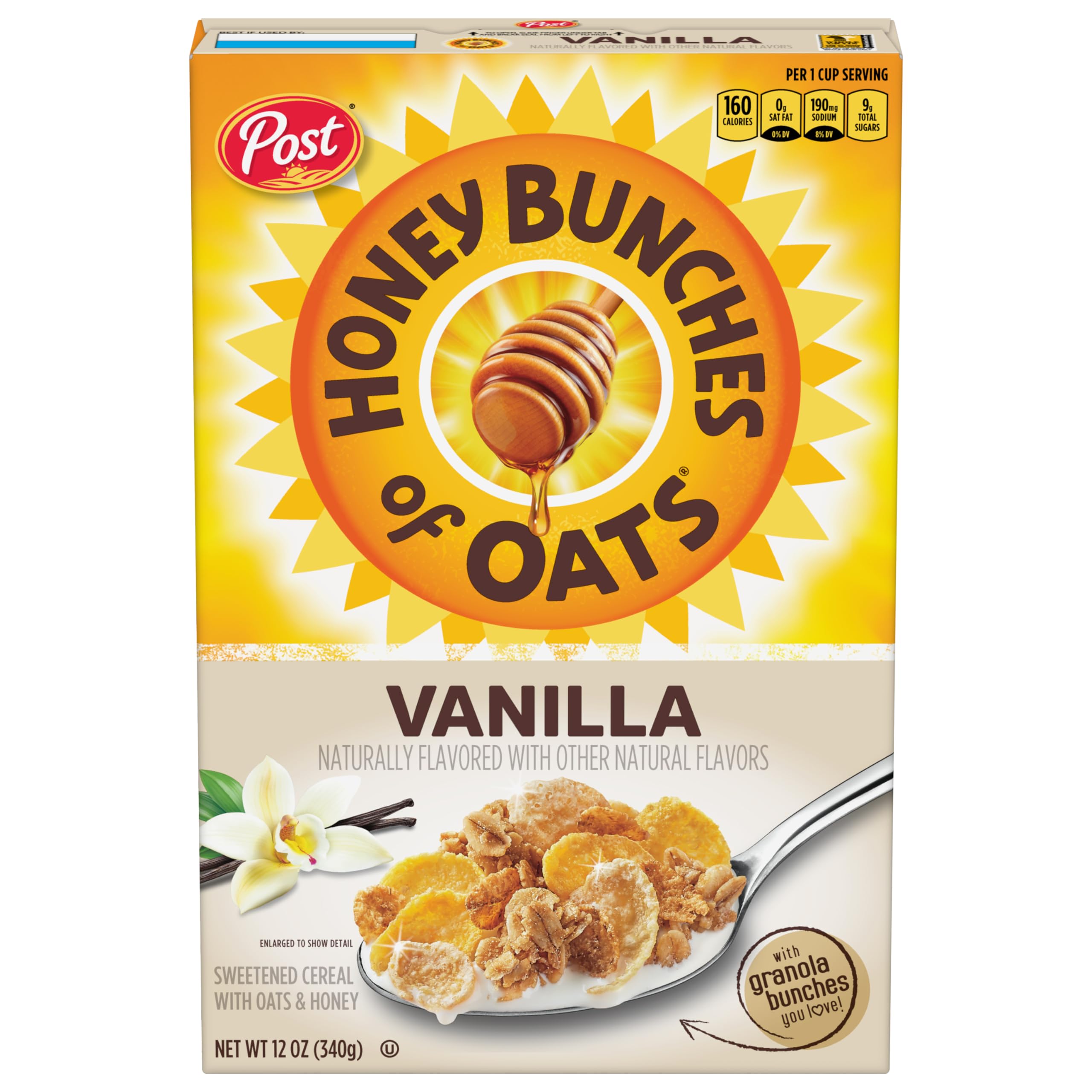 Honey Bunches of Oats Vanilla Cereal - Crunchy Oat & Granola Clusters Breakfast Cereal, 12 oz Box - Perfect for Quick Breakfast, Snacks & Healthy Eating