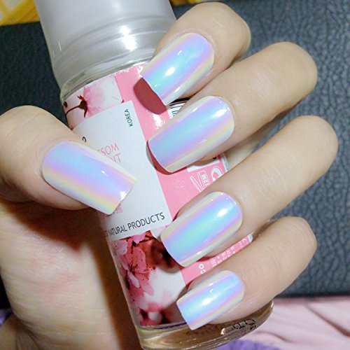 24Pcs Long Holo White False Nails - Acrylic Chameleon Mirror Fake Nails with Blue Purple Effect - Full Cover Press On Nails for Manicure - Perfect for Parties, Weddings, and Special Occasions