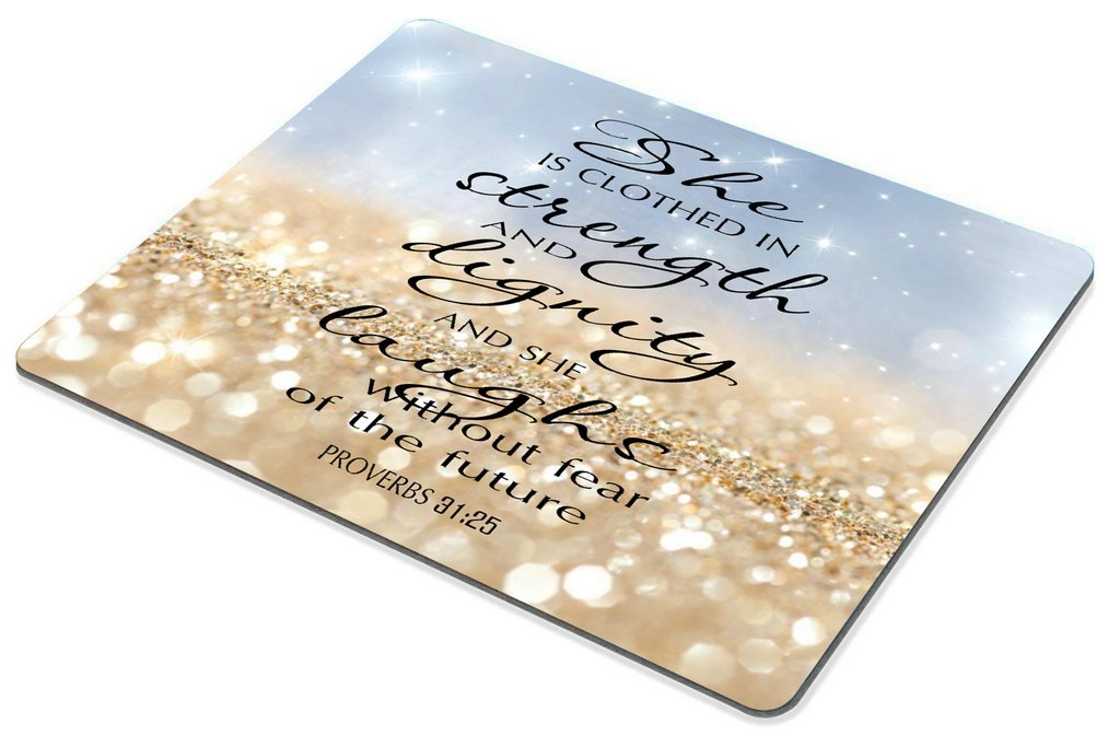 Custom Smooffly Gaming Mouse Pad with Proverbs 31:25 Bible Verse & Gold Sparkle Glitter Design - Non-Slip Surface for PC, Laptop, Office & Gaming Setup