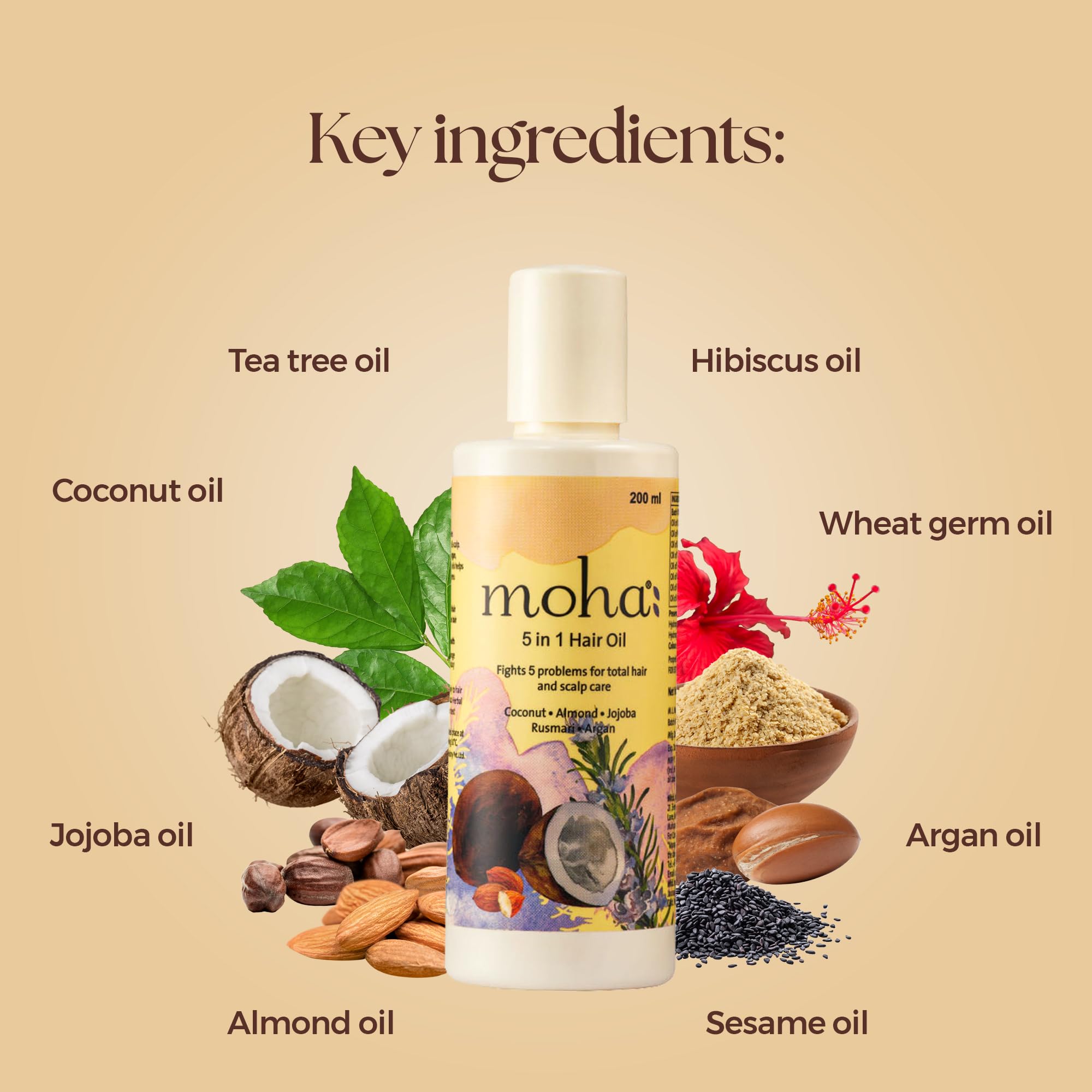 moha: 5-in-1 Ayurvedic Hair Growth Oil with Coconut, Almond & Argan Oils - Clinically Proven to Reduce Hair Fall & Promote Growth (200ml) | Perfect for Daily Hair Care, Scalp Massage & Damaged Hair Treatment