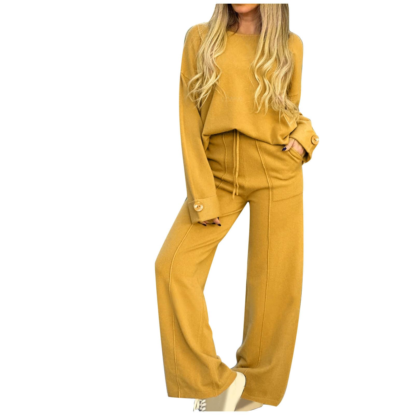 Women's 2-Piece Lounge Set - Oversized Long Sleeve Pullover Top & Wide Leg Pants Matching Outfit 2024 | Cozy Homewear, Casual Loungewear for Relaxing & Yoga