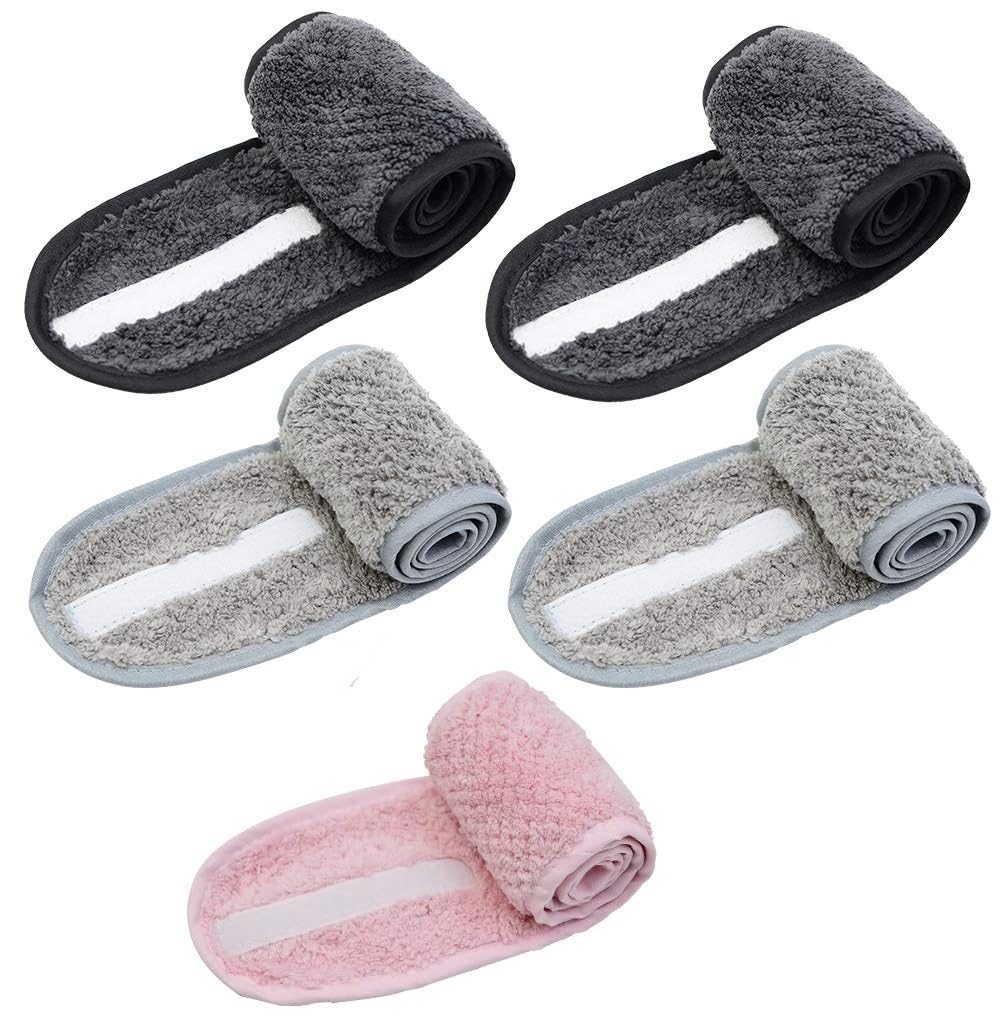 ZAUKY 5-Piece Adjustable Spa Facial Headbands for Women - Terry Cloth Makeup, Shower, Bath & Sports Head Wraps with Magic Tape (Multicolor) - Perfect for Skincare, Hair Washing, Yoga & Beauty Routines