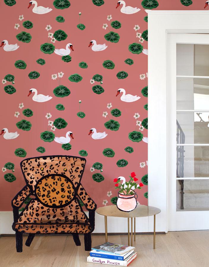 Lily Pad Lake Wallpaper by Carly Beck - Rose Floral Design for Bedroom, Living Room & Nursery Decor