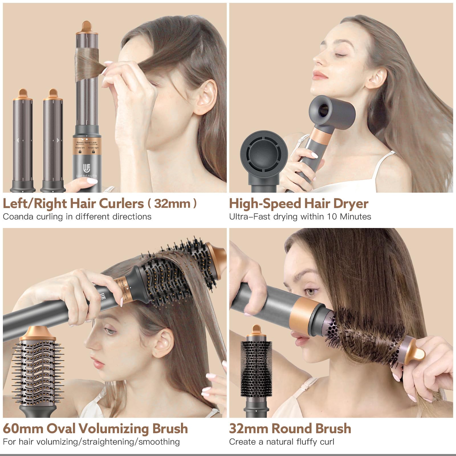 Webeauty 5-in-1 Professional Hair Dryer Brush - Ionic Hot Air Styling Tool with Fast Drying, Volumizing & Straightening | 2-in-1 Blow Dryer & Curling Iron for Salon-Quality Styling at Home (Grey Gold) - Perfect for Daily Hair Care, Travel & Salon Styling