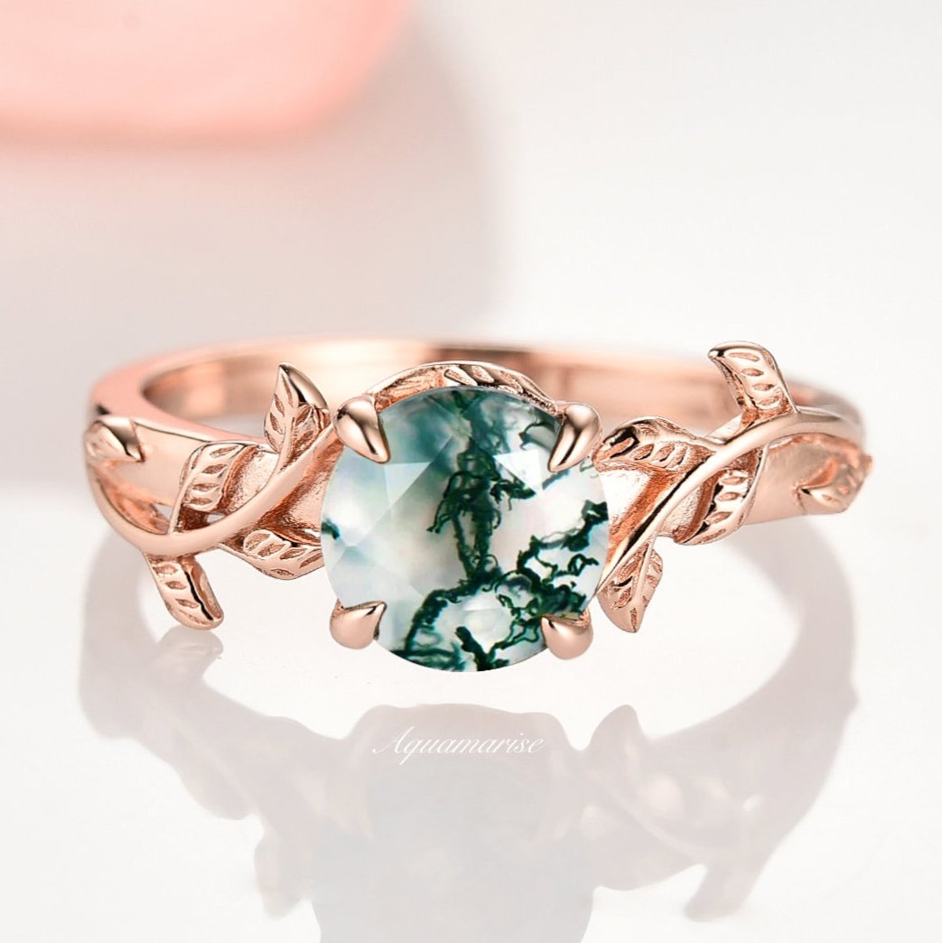 Natural Moss Agate Leaf Ring - 14K Rose Gold Vermeil Jewelry for Women | Elegant Nature-Inspired Gift for Her | Perfect for Weddings, Anniversaries & Everyday Wear