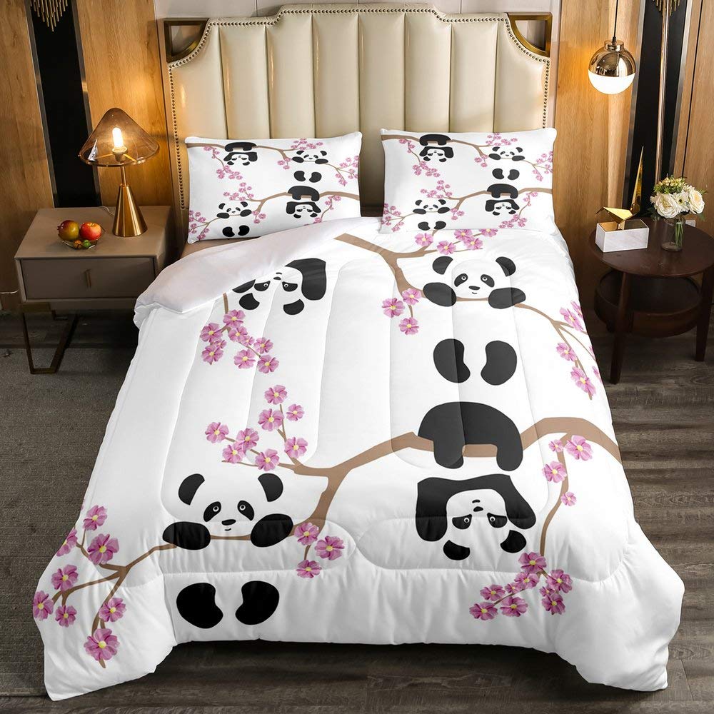 Erosebridal 7-Piece Panda Comforter Set with Fitted Sheet - Cherry Blossom Print Bedding Collection for Kids & Teens - Cozy Bedroom Decor for Nursery, Dorm Room or Gift