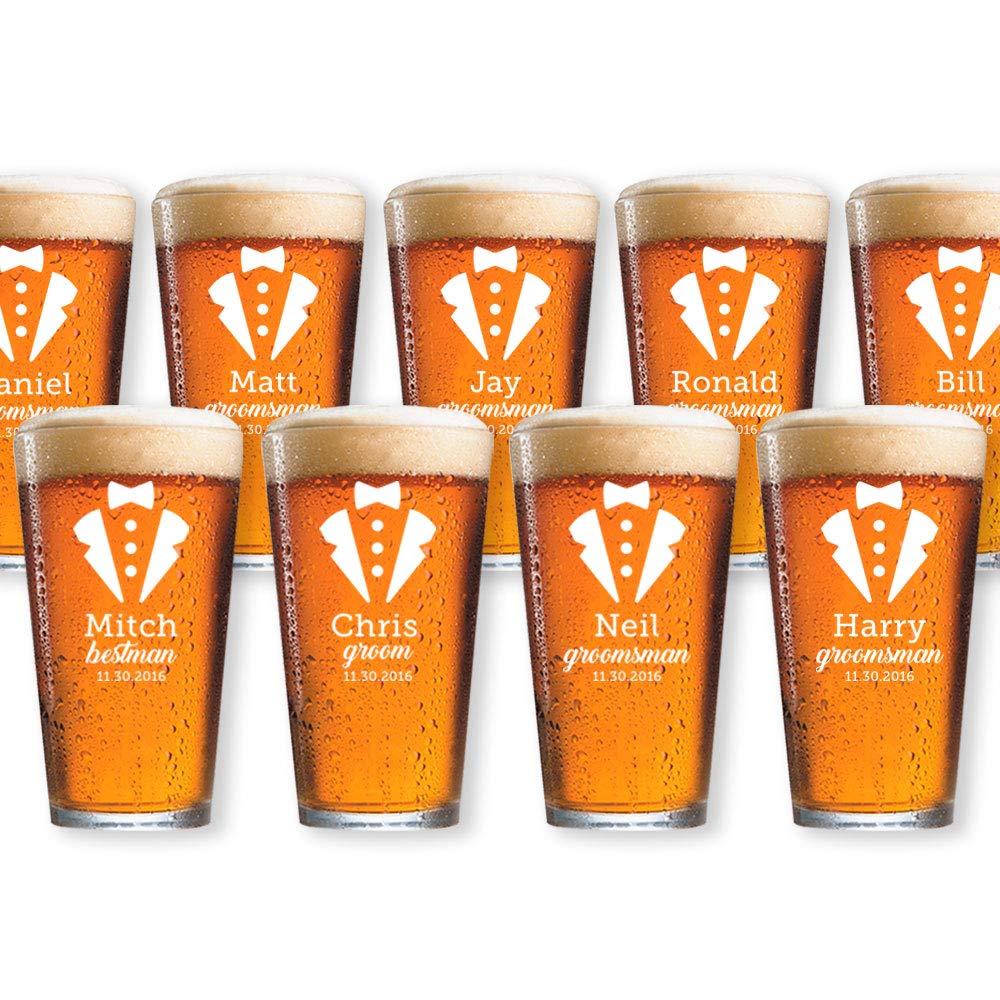 Personalized Pint Beer Glasses for Wedding - 9 Premium Design Options - Custom Engraved Groomsmen Gift Set for Proposal Box - Perfect for Bachelor Parties, Anniversary Gifts & Man Cave Decor