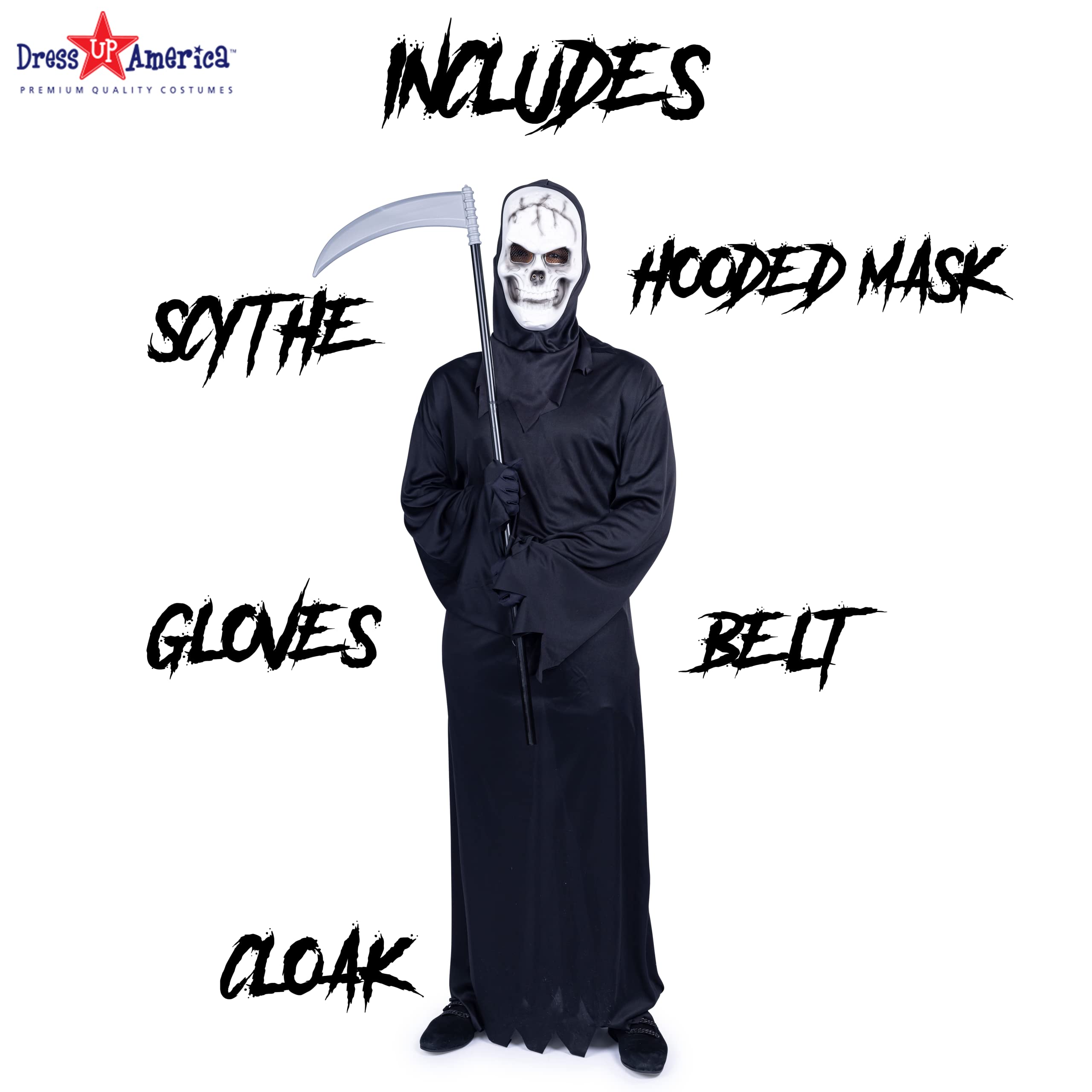 Grim Reaper Halloween Costume for Adults - Black Hooded Cloak with Scythe & Mask - Scary Halloween Outfit Set | Perfect for Halloween Parties, Cosplay & Horror Events