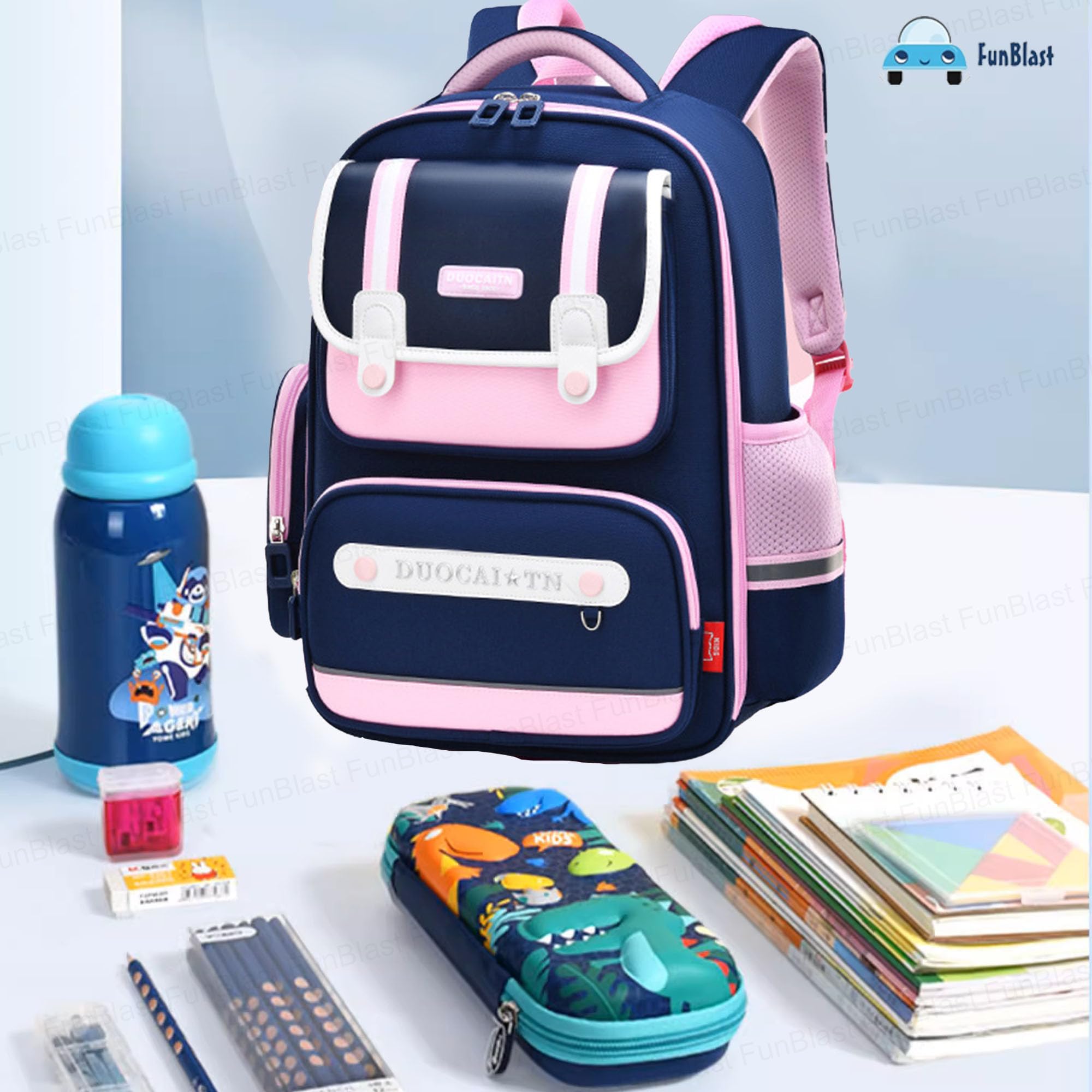 FunBlast Kids Backpack for School & Travel - Lightweight Waterproof Backpack for Boys & Girls with Multiple Pockets & Comfortable Shoulder Straps | Perfect for School, Day Trips, Picnics & Outdoor Activities (Blue-Pink)